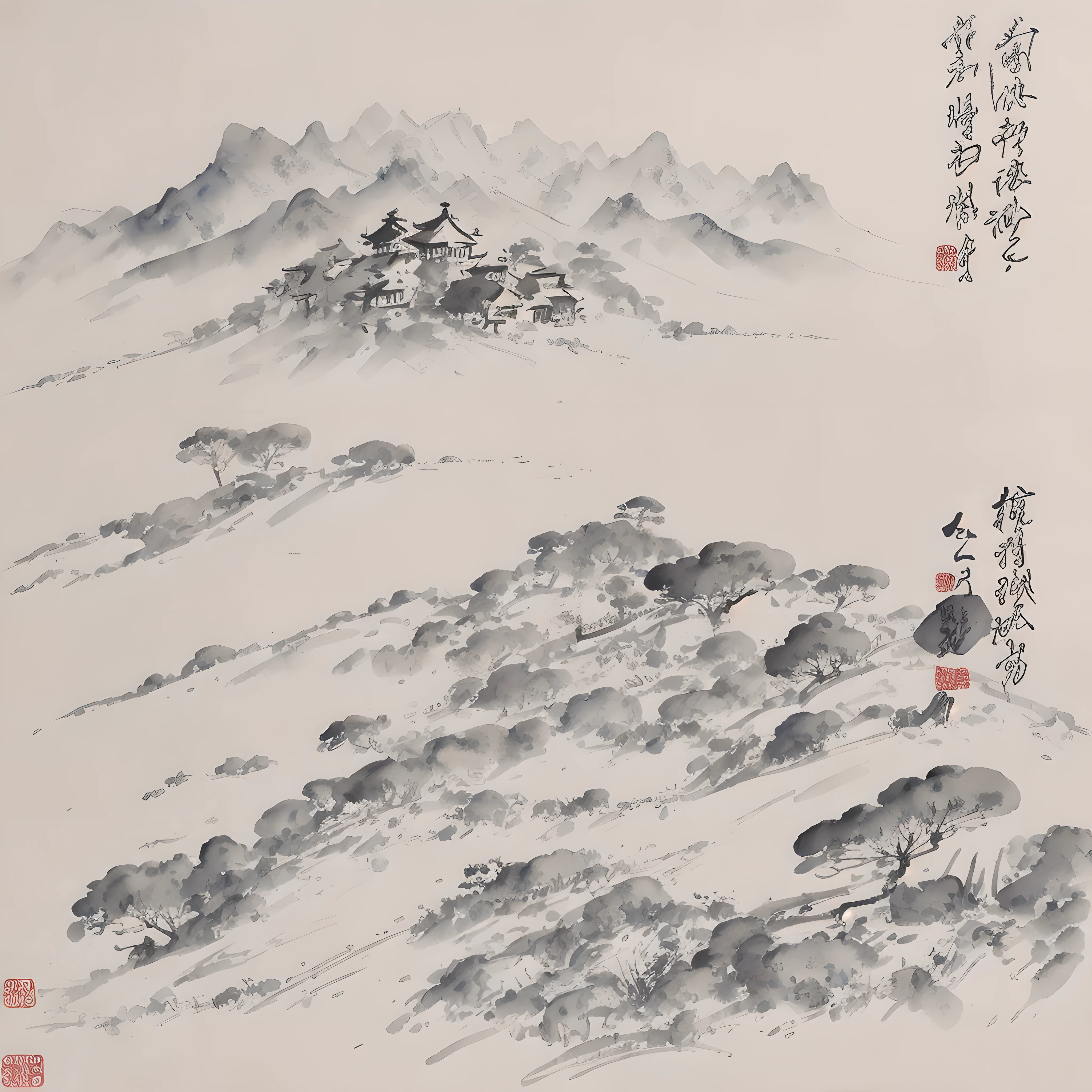 Beautiful Chinese landscape art, best quality, complicated, watercolor painting，Wu Guanzhong，high quality，