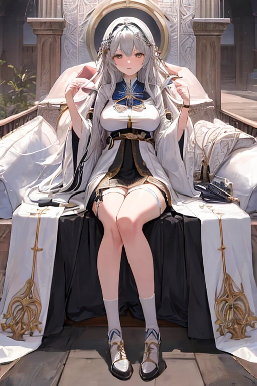 high resolution,best quality,extremely detailed CG,(Cleric:1.2), holy symbol, large breasts, , , long hair, silver hair, shoes,temple, (white robe:1.1), BREAK fractal art, mathematical patterns, intricate designs, self-replicating shapes, mesmerizing visuals, infinite complexity