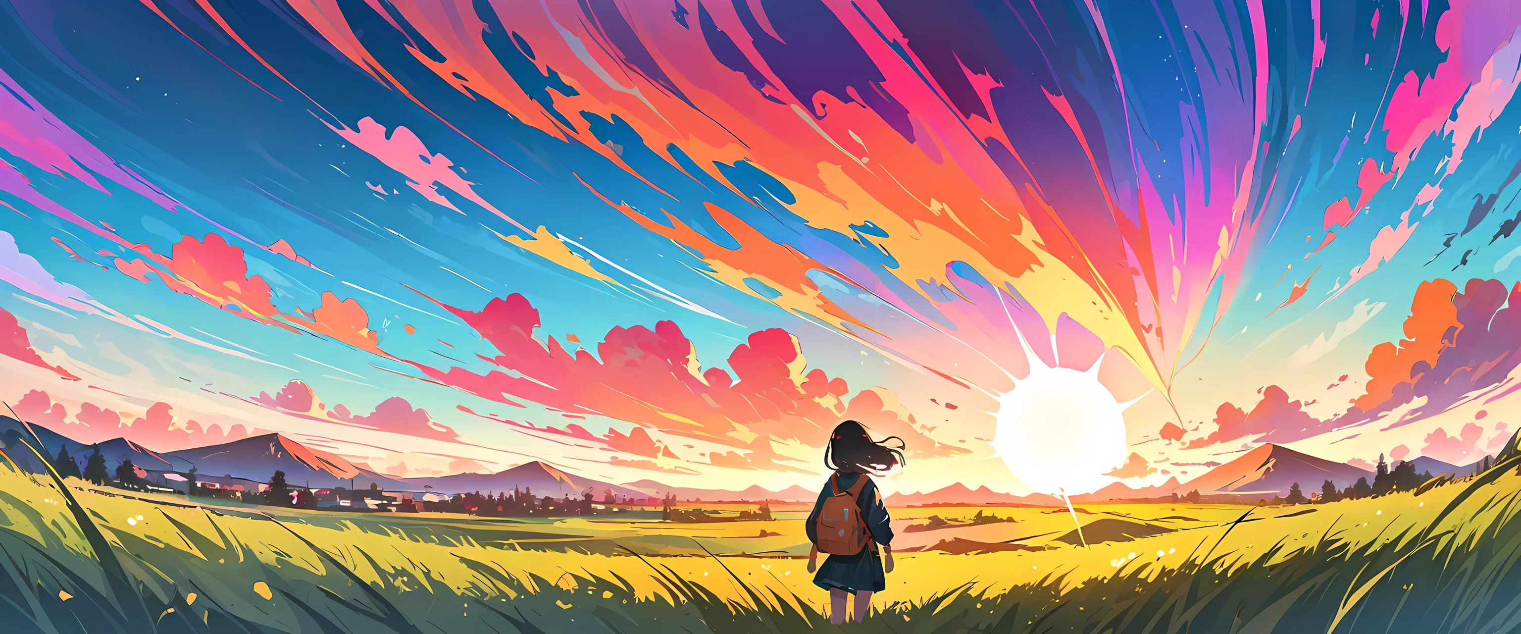 Hair floating in the air, Rear view, look at the sun, There is a starship in the sky, three suns, *********** with black hair, 12 year old girl, standing on the grassland, landscape, universe, 8K, Super details