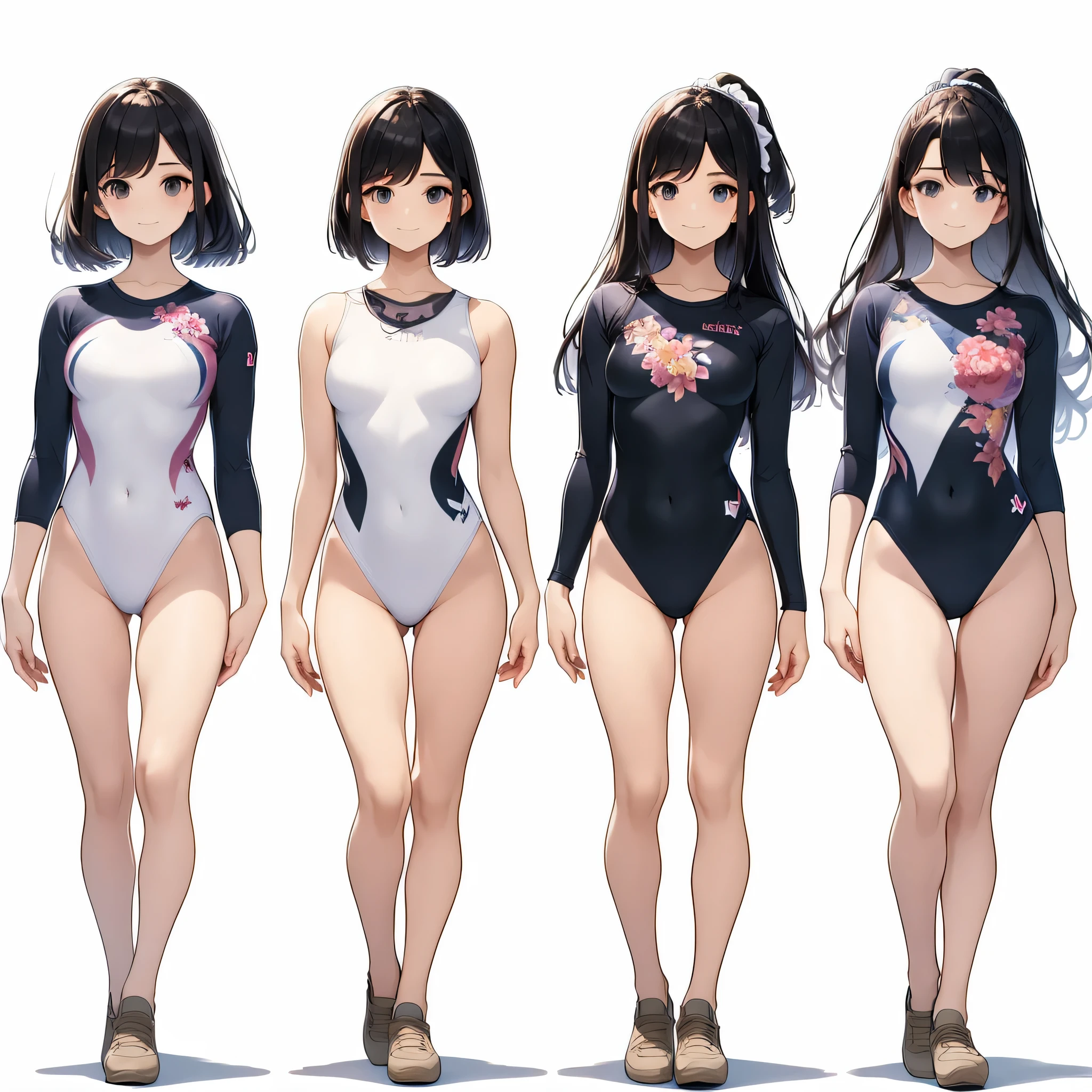 ((full body)),(masterpiece, highest quality), (3 girls 1.5) ,((contrasting:1.5)), looking at iniewer, walk,((in_arm:1.2)), wear gymnastics_longsleeines_leotard_outfit leotard:1.3), (Floral:1.3), BREAK masterpiece black hair, ((long hair:1.2)), ((parted bangs:1.3)), black eye, good hand, ((small breasts)), (oiner 20 years old, Under 25 years old:1.2), , Spotlight, Happy, smile, 教室in休憩