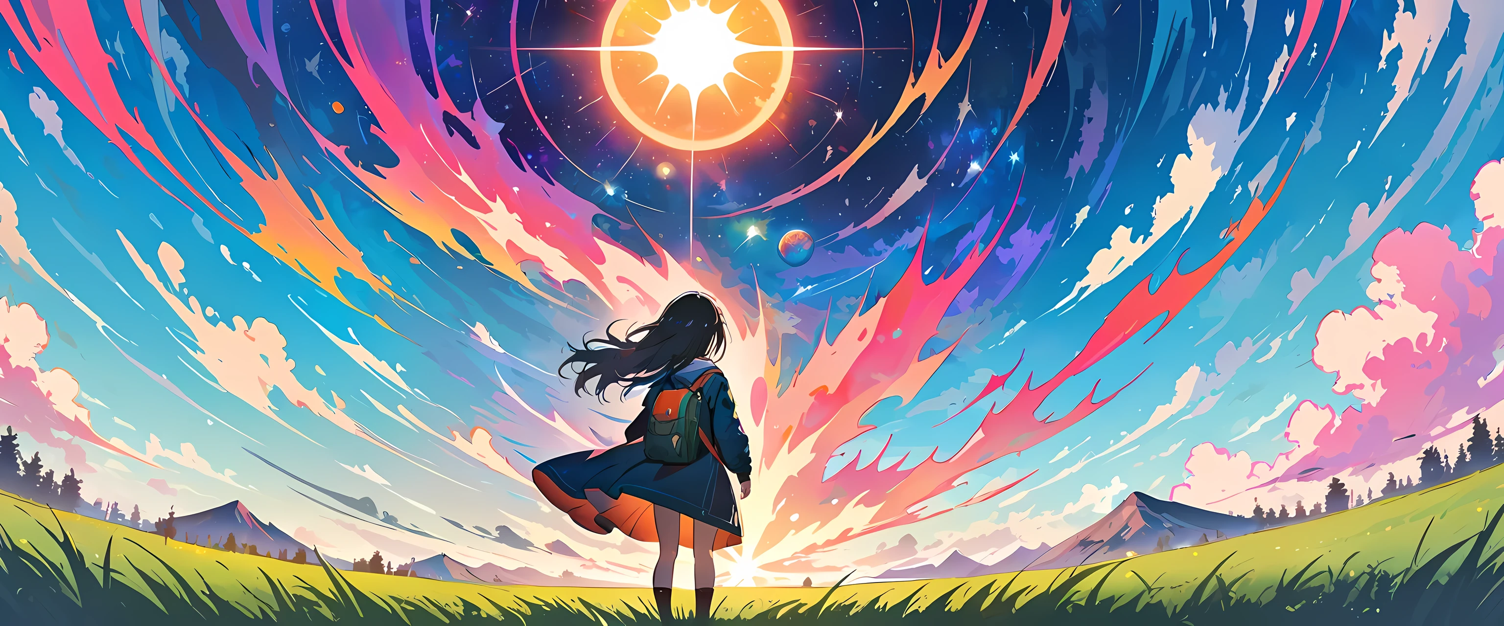 Hair floating in the air, Rear view, look at the sun, There is a starship in the sky, three suns, Little girl with black hair, 12 year old girl, standing on the grassland, landscape, universe, 8K, Super details