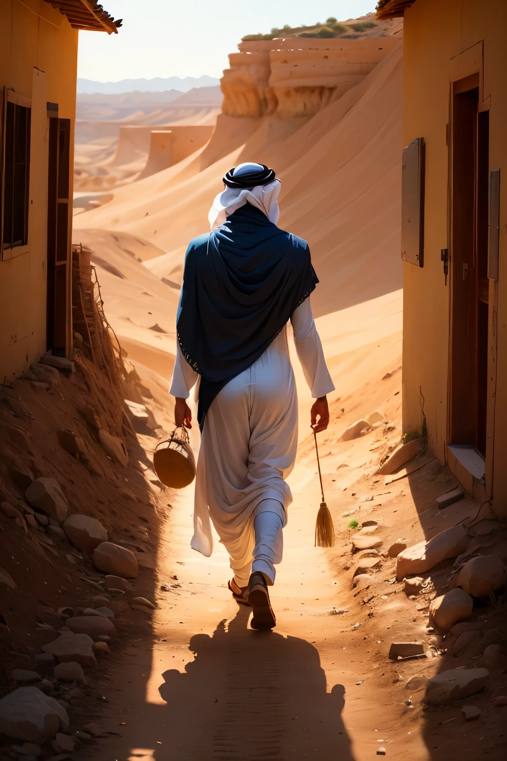 The man walk in empty land his dress is like as Arabic 
