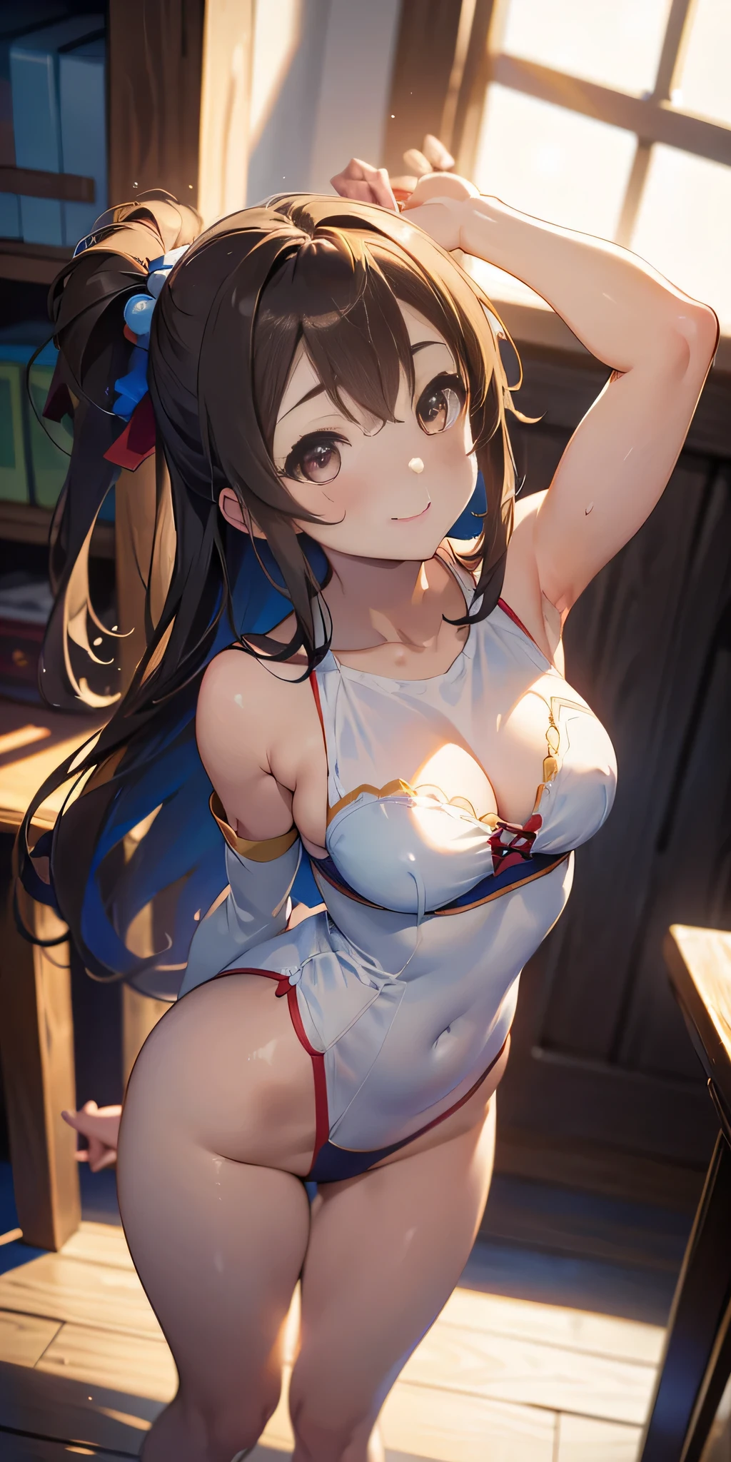 best picture quality, 8K, high quality, masterpiece:1.2), ((masterpiece)), (high detail, high quality, best picture quality), bokeh, DOF, Portrait, open stance, (cute illustration:1.2), (konosuba, yunyun), (nsfw:1.2), sunny light, in room, perfectly balanced anatomy, sleeveless, inclinada adelante, detached sleeve, both arms behind head, armpits:1.3), detailed eyes, cute round face, embarrassed, smile, seducing by showing her armpits, (Looking up:1.3), open legs in "V" invertida, random low back angle