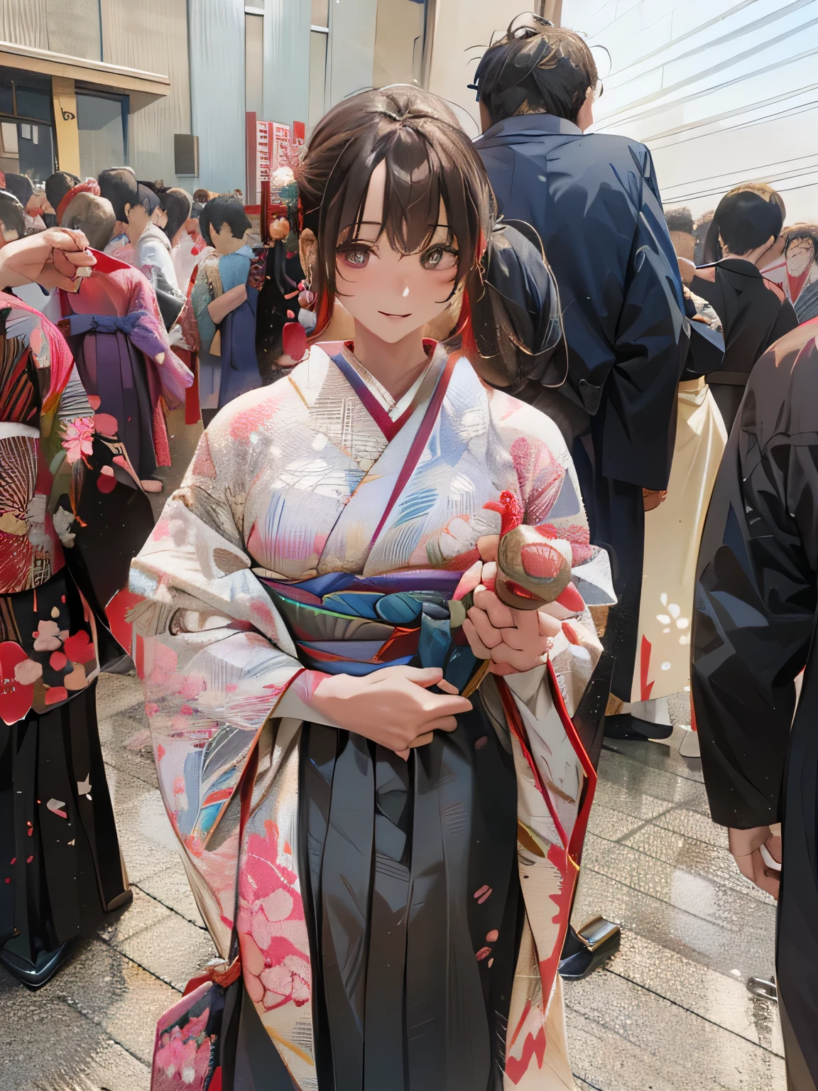 araffe dressed in a kimono standing in a crowd of people, in kimono, wearing royal kimono, in a kimono, wearing a kimono, wearing kimono, I'wearing, wearing a haori, wearing kimono armor, Chiho, kimono, traditional dress, Wearing a colorful yukata, japanese kimono, japanese model, kimono, japanese woman