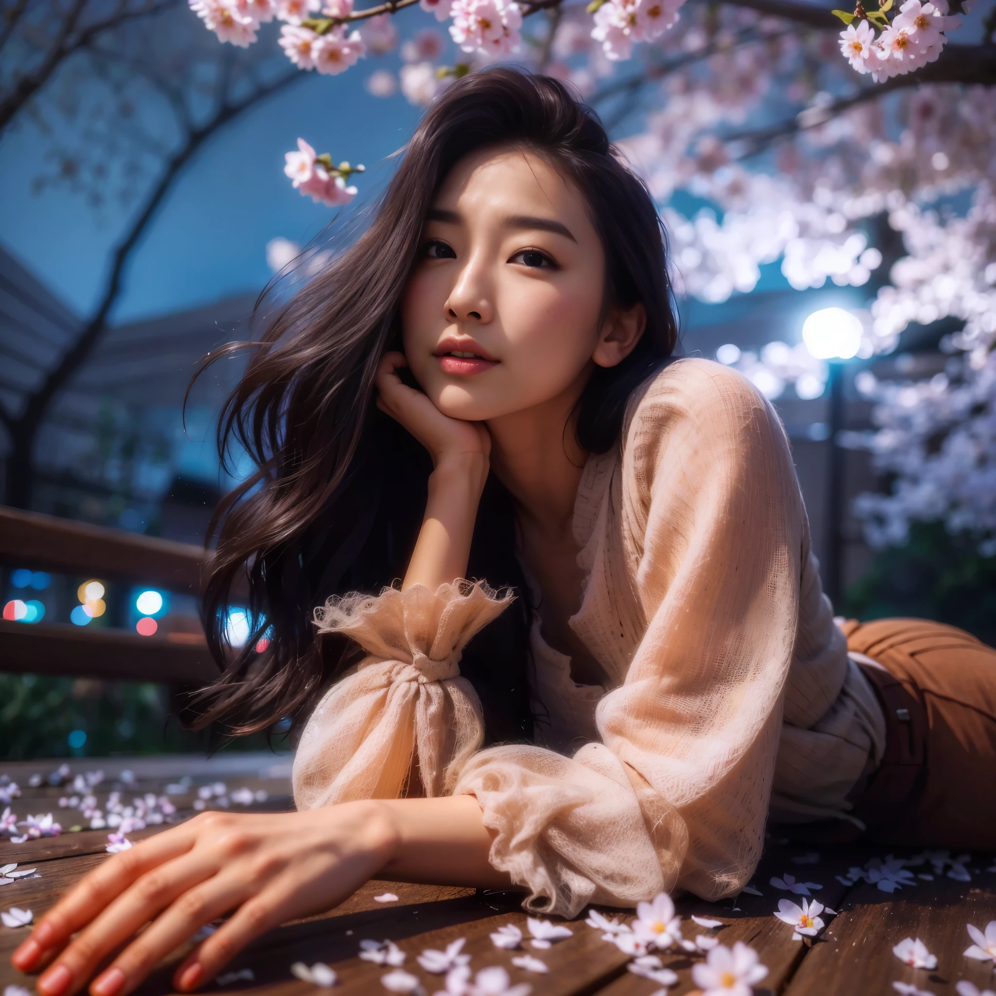 An aged Asian woman lying on a wooden bench under a cherry tree, beautiful south korean woman, beautiful young korean woman, 8k artistic portrait photography, 8K Art Germ Bokeh, korean girl, elegant japanese woman, korean woman, soft portrait shot 8 k, korean artist, beautiful asian girl, Lutz, portrait shot