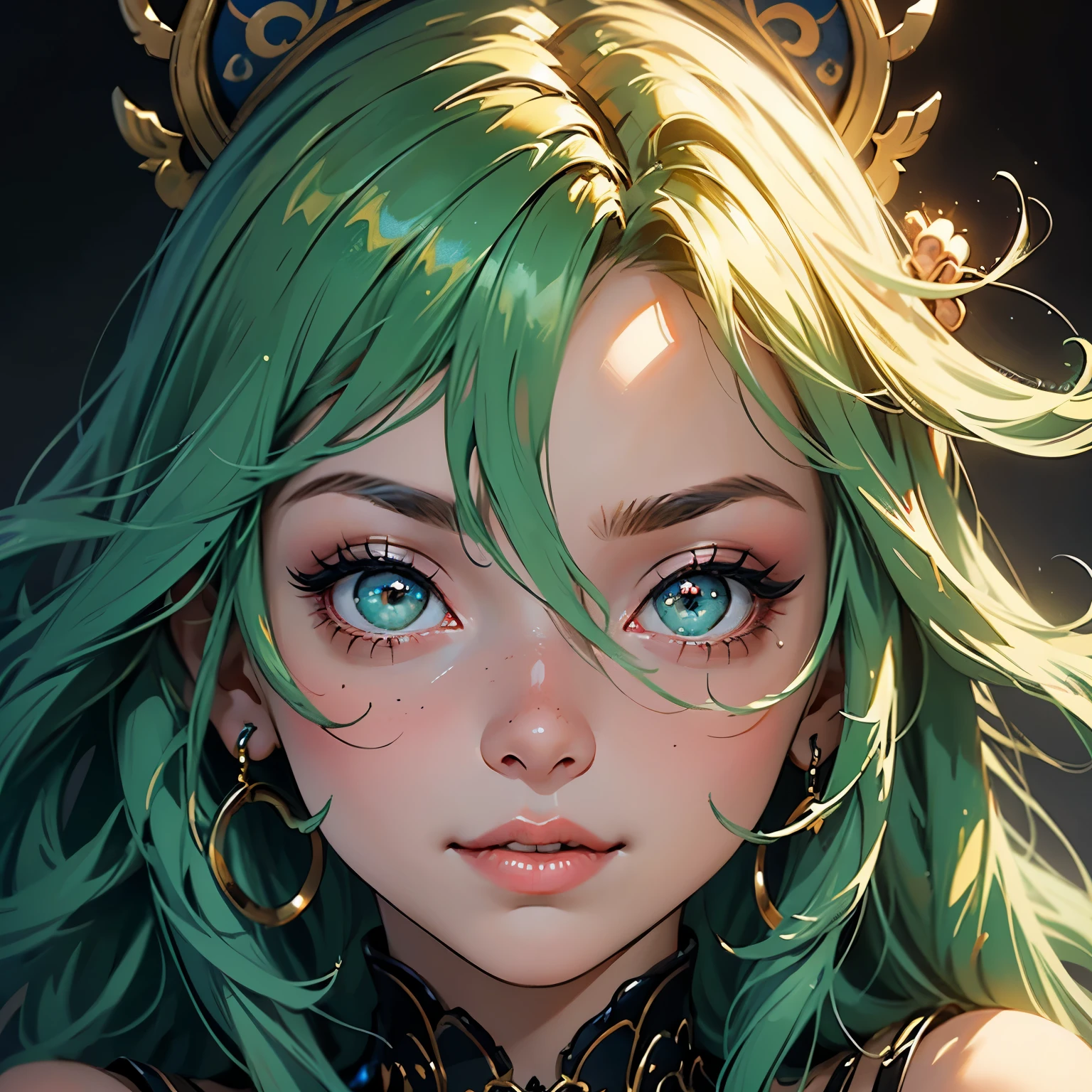 a girl,solo,masterpiece,best quality,highres,Extreme detaildelicate face,green hair,Extreme detaildelicate eyes,(face alignment),fair complexion,Exquisite hairstyle,light-colored lips,A charming smile.Strong sense of detail and layer,rich and gorgeous color,with a unique sense of texture, Rich color, color harmony, vivid painting ,design,16k,hyper detailed, abstractionism, cute big eyes, sparkles in eyes