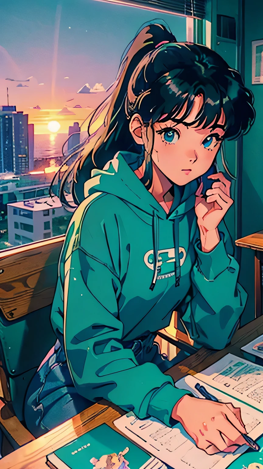 ((Vaporwave Style, partially colored)), (((vanilla))), cinematic angle, retro anime, 1990s anime, 1980s anime, retro anime,retro anime style,masterpiece, highest quality, 1 girll, alone, blue eyes, dark green hair,ponytail, Big white hoodie,closed mouth,room background, Old School Anime, beautiful anime,(ultra-detailed background, detailed background), High resolution, Super detailed, very detailed, 1 girl, (table top:1.5, highest quality:1.5), sitting in a chair, I'Iの机にいます, have a mobile phone, living room, room with bookshelf, table and chairs, decadent life, sunset outside the window, Street outside the window, sunset outside the window, Music album covers, have a mobile phoneこと, look forward to, have a mobile phone, I looked at the mobile phone in my hand., In a large room, arte lofi, anime art wallpaper 4k, anime art wallpaper 4k, avert your eyes, look down