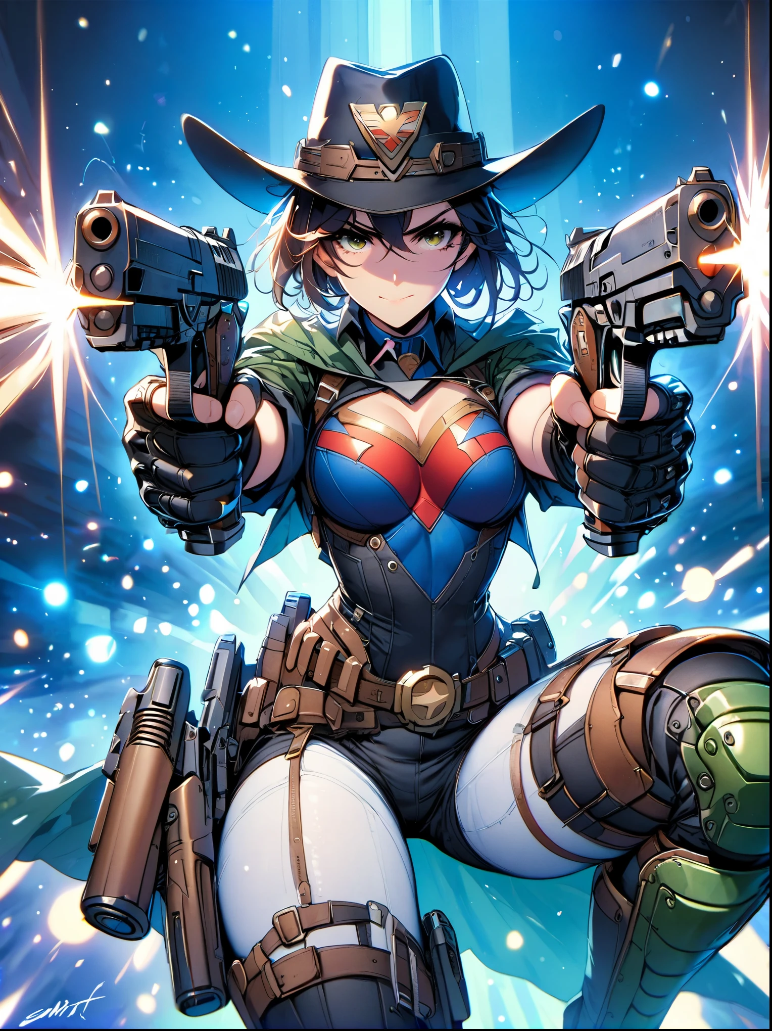 superwoman，Dual-wielding pistol，aim at you，emit laser