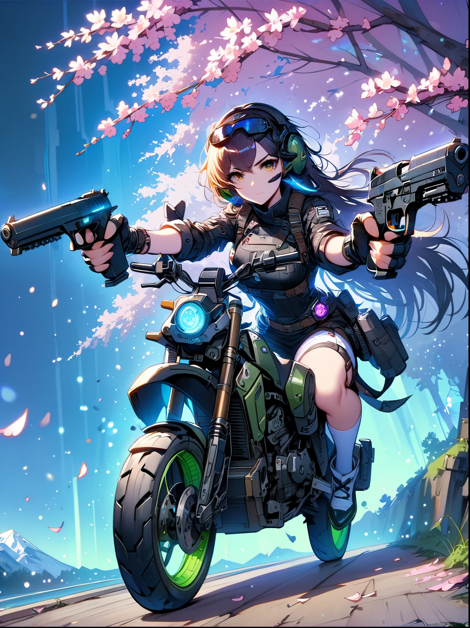 ((Vision))，((whole body))，1 girl, Wearing a black cheongsam，Robot arms and legs，手持电动步枪的cyberpunk美女，Standing under the cherry blossom tree with pink flowers，white socks，mechanical ceramic high heels，Empty Mountain Motorcycle Style Oil Painting，futuristic style，cyberpunk，high detail