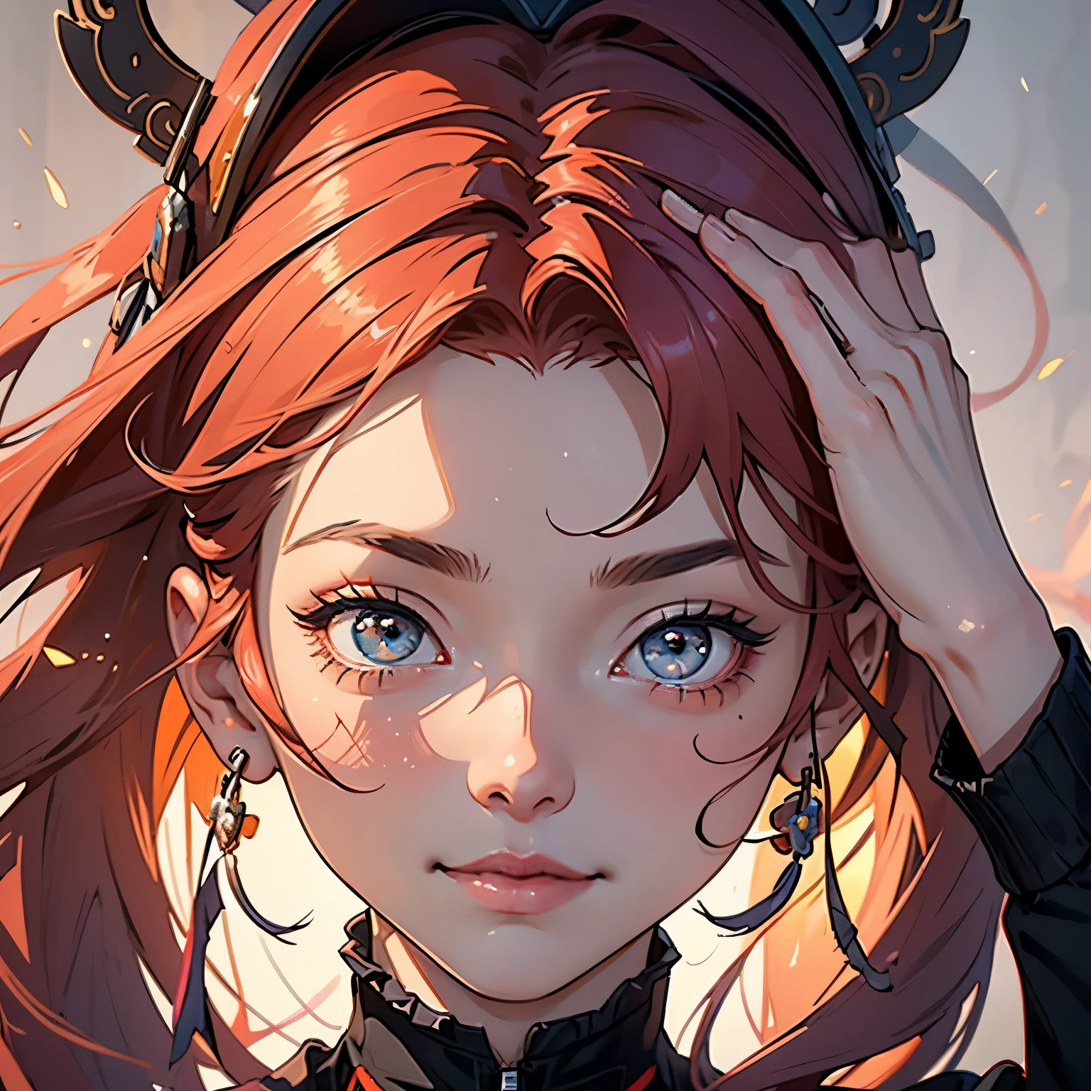 a girl,solo,masterpiece,best quality,highres,red hair,Extreme detaildelicate face,Extreme detaildelicate eyes,(face alignment),fair complexion,Exquisite hairstyle,light-colored lips,A charming smile.Strong sense of detail and layer,rich and gorgeous color,with a unique sense of texture, Rich color, color harmony, vivid painting ,design,16k,hyper detailed, abstractionism, cute big eyes, sparkles in eyes