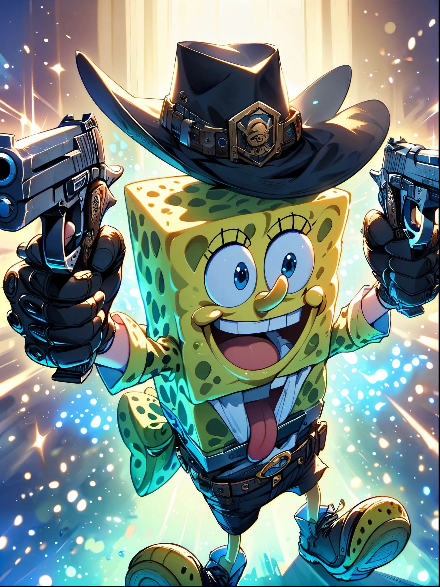 A SpongeBob SquarePants,With both hands pointing a Desert Eagle pistol at you,The scene is illuminated by blue lights