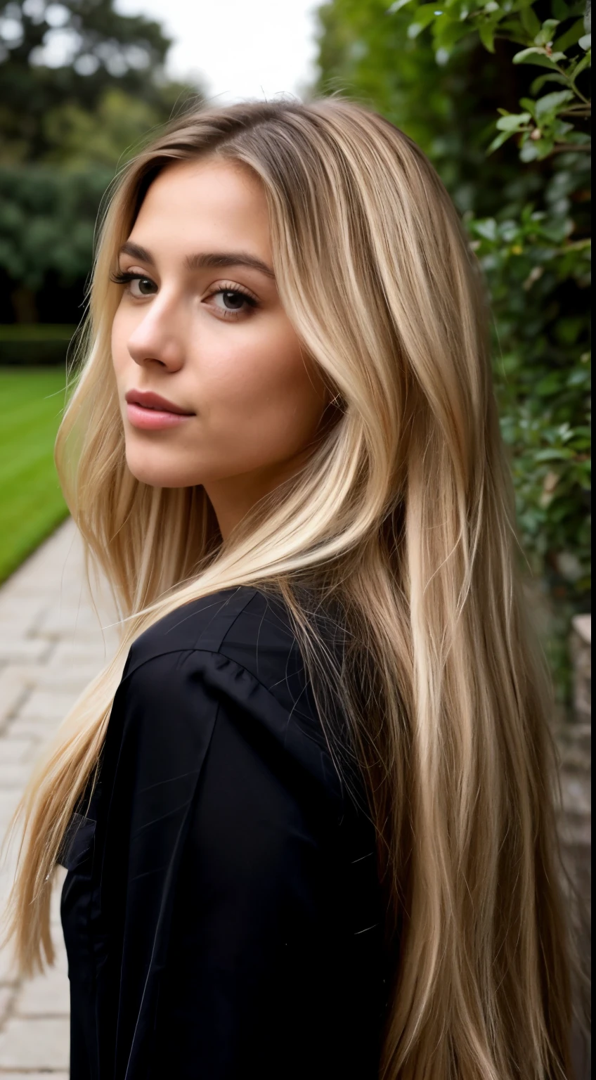 A 23-year-old blonde woman, ((pechos grandes)), ((hiperrealismo)) ,. blonde hair with light brown roots. cabello rubio, Hair with brown roots, cabello extra largo, cabello muy largo, really long hair, Beautiful, back view, selfie, photo taken with iPhone, elegant black shirt with escote, escotada, selfie in the garden, high quality, selfie iPhone, cleavage