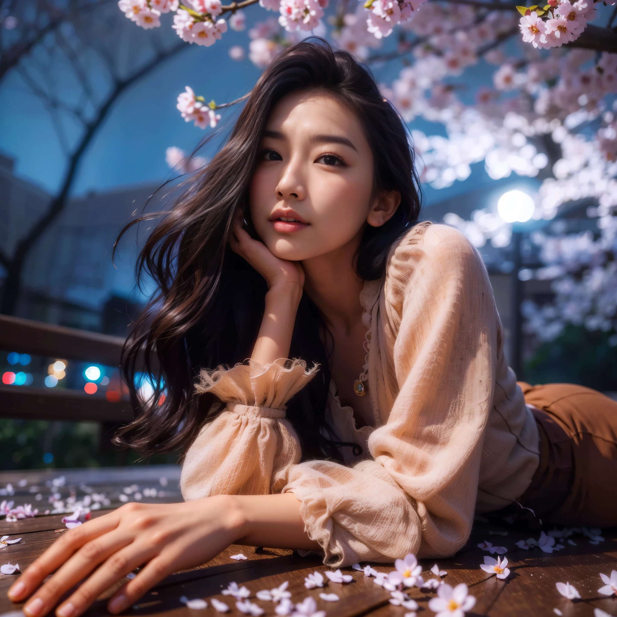 An aged Asian woman lying on a wooden bench under a cherry tree, beautiful south korean woman, beautiful young korean woman, 8k artistic portrait photography, 8K Art Germ Bokeh, korean girl, elegant japanese woman, korean woman, soft portrait shot 8 k, korean artist, beautiful asian girl, Lutz, portrait shot, Jinna Chan