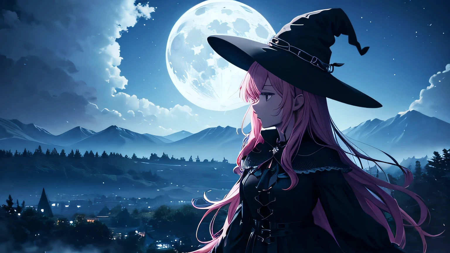 witch girl, pink hair, detailed eyes, witch dress, witch hat, traveling on a flying broom, flying, nighttime, few stars in the sky, mysterious, moonlight, enchanting, adventure, loneliness, crescent moon silhouette, enchanted forest, hidden secrets, bewitching, wonder, witch's journey, fantasy art, vivid colors, shadows and highlights, ethereal, moonlit landscape, haunting, moonlit clouds, witchy aesthetic, colorful gradient, subtle lighting, glowing moonbeams.