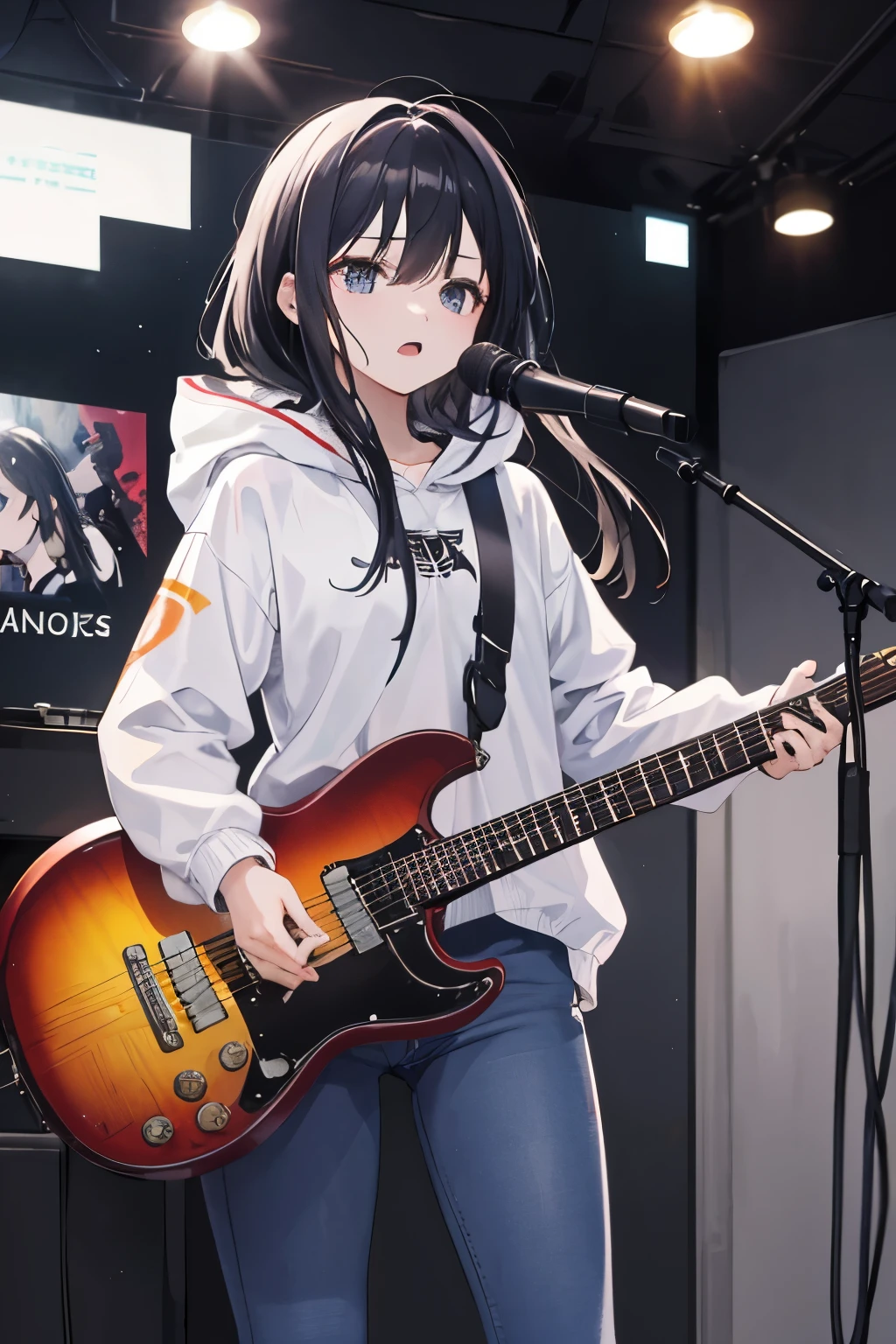 ((best quality)), ((masterpiece)), (detailed), perfect face, girl in a club room. She is wearing white shoes, half-length tight denim jeans, and a hooded coat. The girl, with long black hair, is standing and playing an electric guitar passionately while singing into a microphone. The room suggests a casual, creative space, possibly with posters or instruments in the background. The focus is on her expressive performance, capturing the movement of her hair, the texture of her clothes, and the emotion in her posture as if taken with an advanced Canon camera.