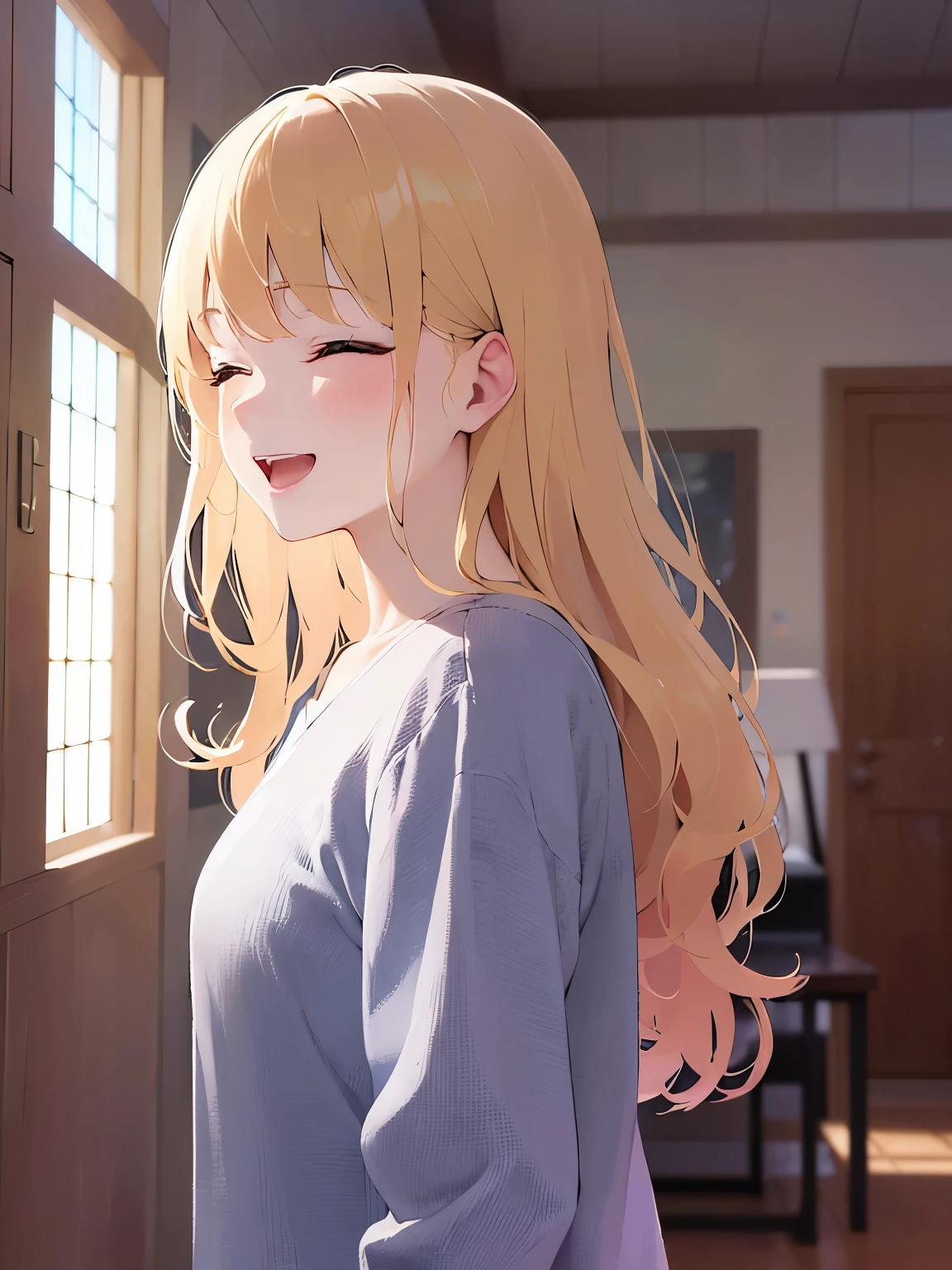 side angle, Upper Body, Realistic, real person, (pale skin: 1.2), RAW photo, photorealistic, portrait photography, shiny skin, japanese idol、shiny hair、(25 year old woman with medium hair with blonde bangs) and (wavy hair) and (closed eyes:1.2) , smile, open mouth, wearing a plain white T-shirt、The background is the living room、Alone、Are standing