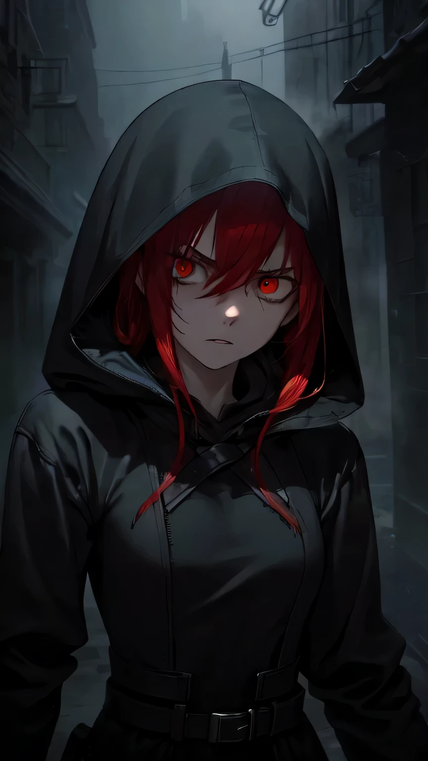 Melhor qualidade, realista, uma garota com cabelo ruivo e olhos e rosto detalhados, segurando duas pistolas, usando um vestido preto, com um sobretudo preto, and a person with a black hood on their head. The scene portrays a huntress inspired by the style of Van Helsing. The background is dark, mysterious scenery with dimly lit streets and fog. The colors are rich and vibrant, com uma paleta de cores escuras e temperamentais. The lighting is dramatic, casting long shadows and highlighting the girl&#39;s determined expression. The overall image should have a cinematic and exciting atmosphere, capturing the essence of a fierce and skilled huntress in action.