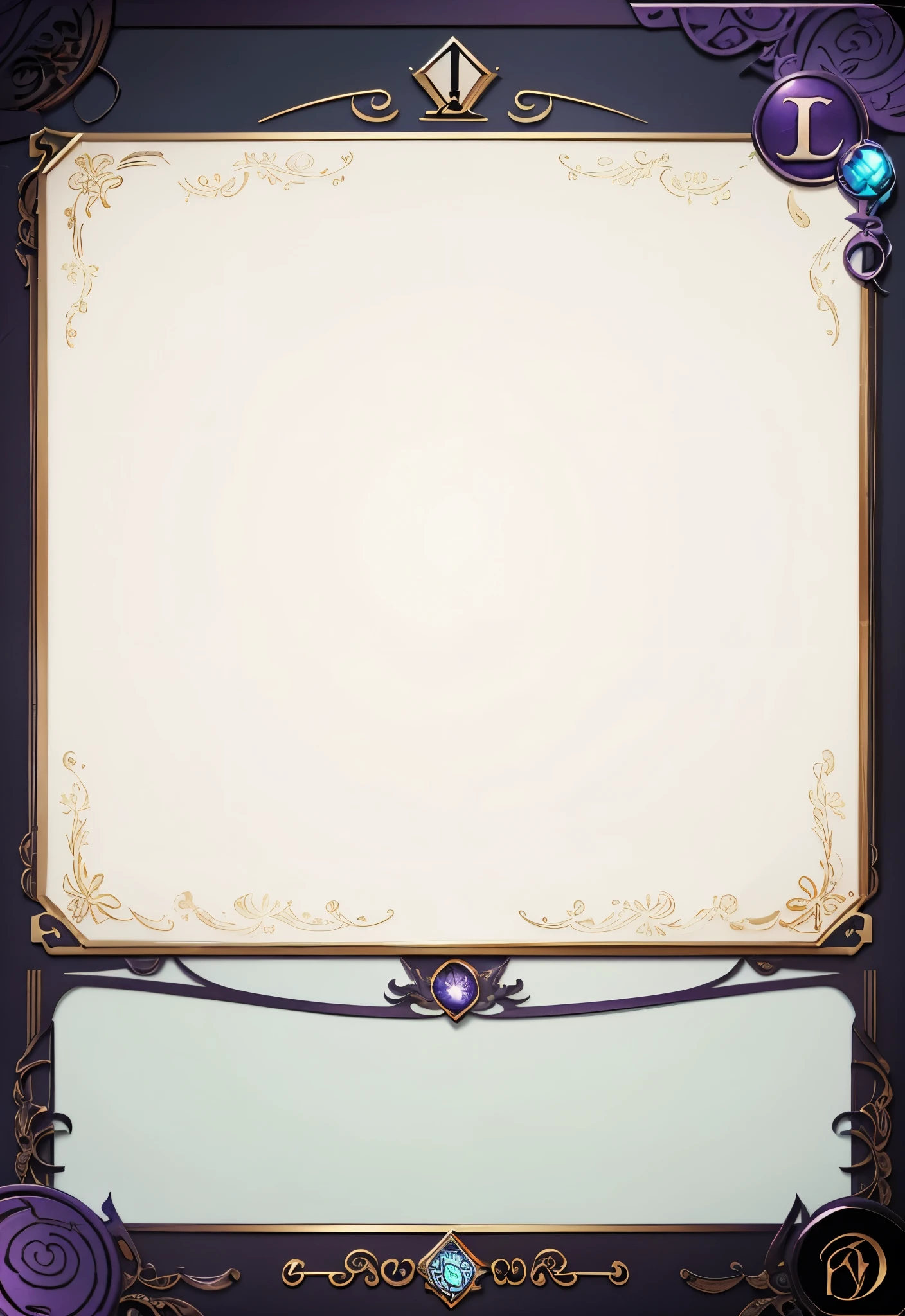 Illustration frame for card,card decoration,The upper part is the illustration frame,The lower part is the text box。antique style texture,full of mystery,brown,Purple,blue,UI design for Magic cards,UI design suitable for Yu-Gi-Oh card,HD,4k。