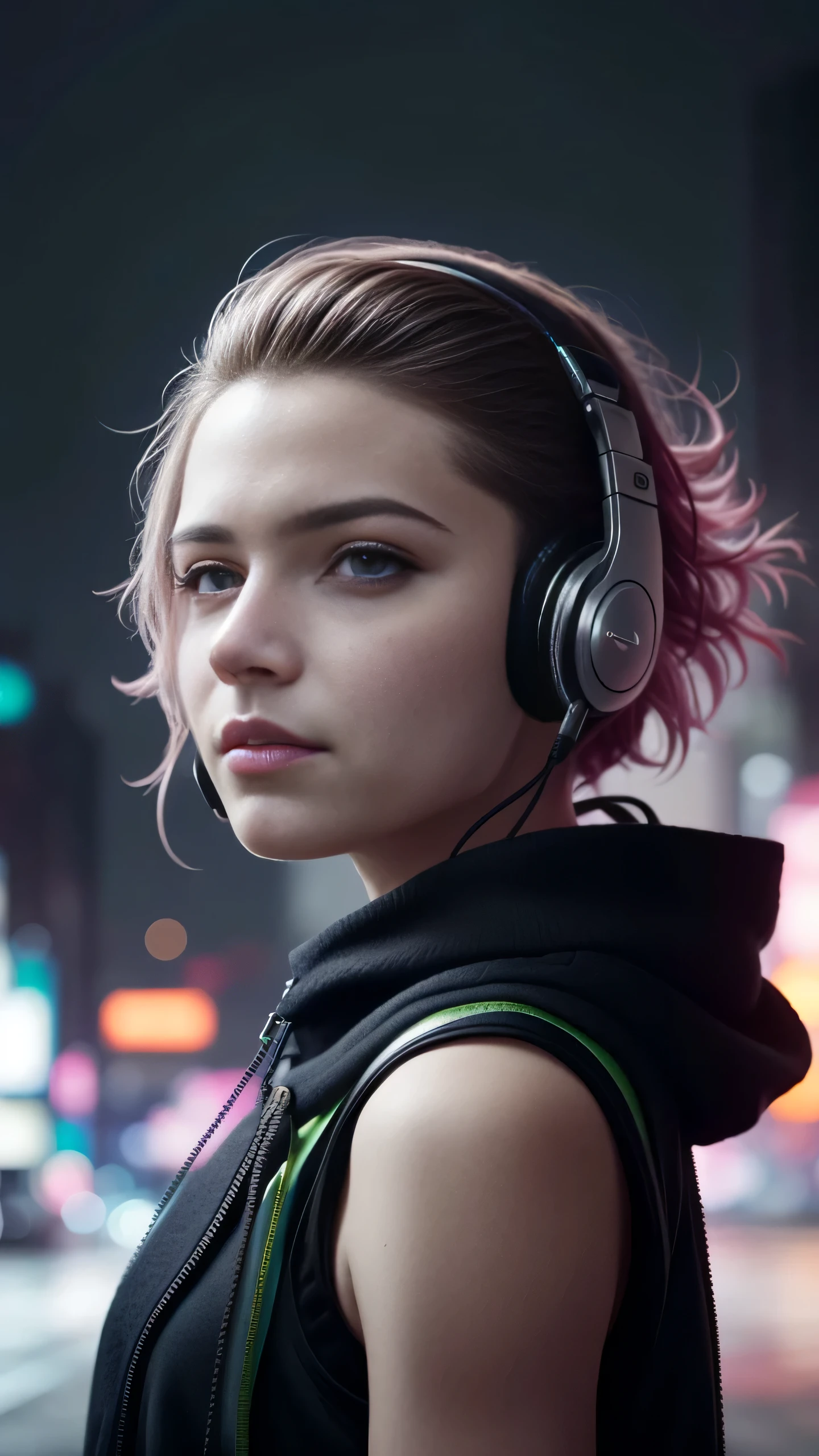 arafed woman with headphones on standing on a city street, hyper-realistic cyberpunk style, the cyberpunk girl portrait, cyberpunk portrait, cyberpunk style ， hyperrealistic, dreamy cyberpunk girl, cgsociety portrait, cyberpunk art ultrarealistic 8k, cyberpunk vibe, portrait of ultra realistic, in cyberpunk style, muted cyberpunk style, photorealistic artstyle