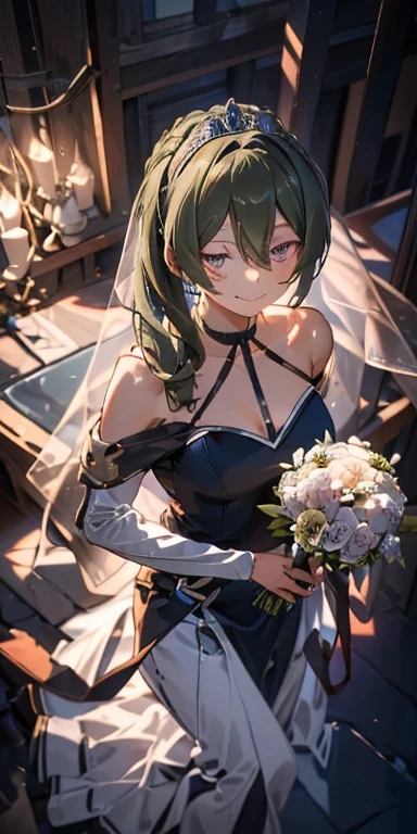 (from above:0.9),(from side:1.3), ((Face)), (Close-Up:0.4), ((looking at viewer, holding a bouquet to his mouth)), highest quality、(real、photorealistic:1.4)、(RAW photo:1.2)、very detailed CG unity 8k wallpaper, delicate and beautiful, wonderful, Fine detail, official art, disorganized, very disorganized, huge file size, Ultra-detailed, very detailed, very detailed girl, very detailed eyes and face, Bright on the face、(20 age girl:1.0)、small smile, smiling, miorine rembran, ahoge, (twintail hair:1.25), hair between eyes, hair twintails, (long hair:1.5), tiara,ruany,off-shoulder dress,pearl ,(gemstone),tiara,veil,wedding dress, wedding necklace, wedding long gloves, (luxurious bouquet), chapel, Stained glass,(best quality, highres, masterpiece:1.2), ultra-detailed, (realistic:1.37) illustration, erotic style, soft lighting, sweat glistening on her body, gentle warmth, dark and mysterious, small breast,narrow waist,(with sparkling eyes and a contagious smile),her thin pubic hair, looking at viewer,