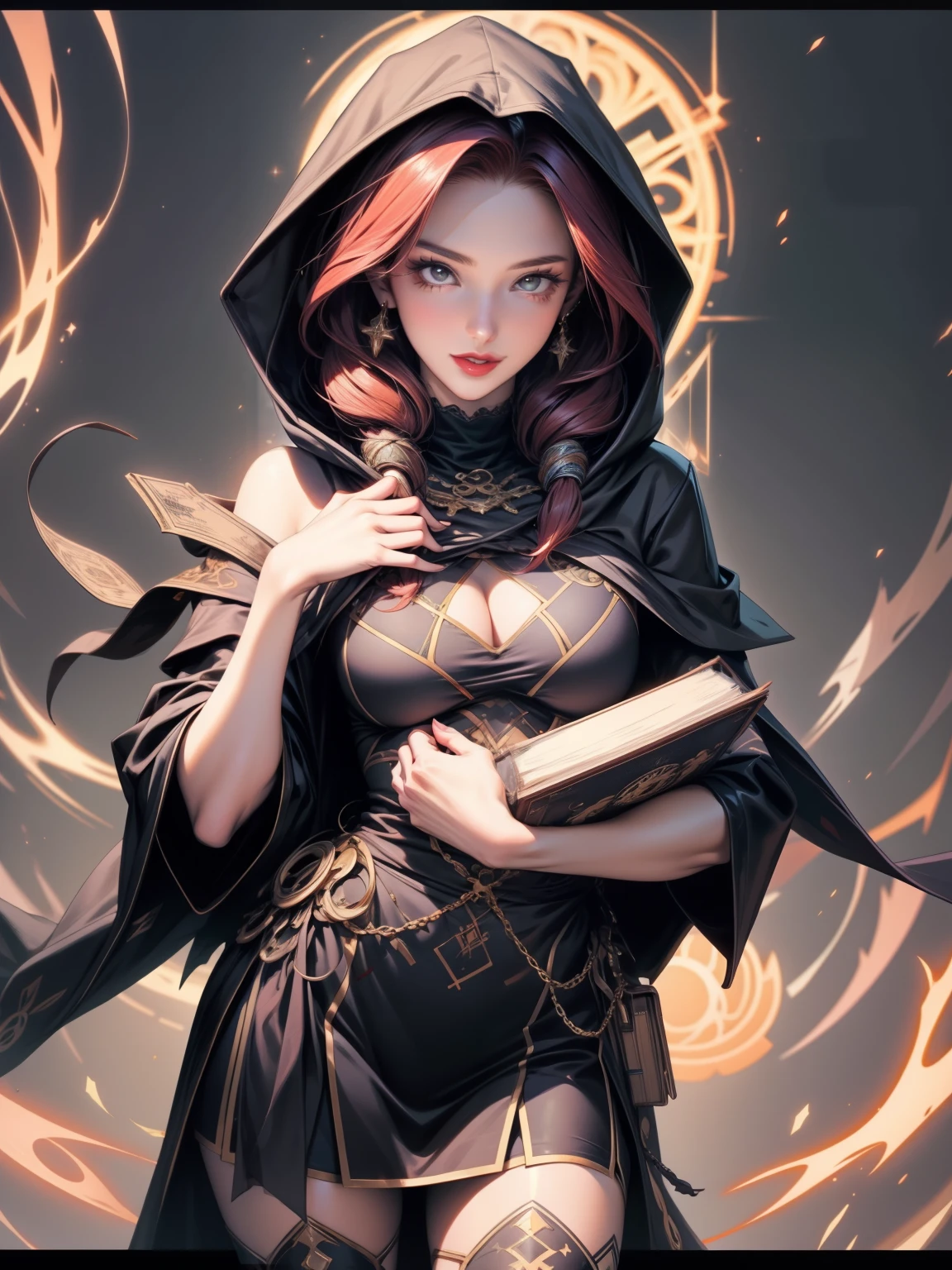 perfect eyes:1.2, detailed eyes:1.4, realistic:1.4, red hair, hair over shoulder, V0id3nergy, holding book, book, robe, cape, fringe, tentacles, argyle, checkered, clothing cutout, thighhighs, makeup, lipstick, hood up, cleavage, 1girl, solo, (masterpiece:1.6, best quality),