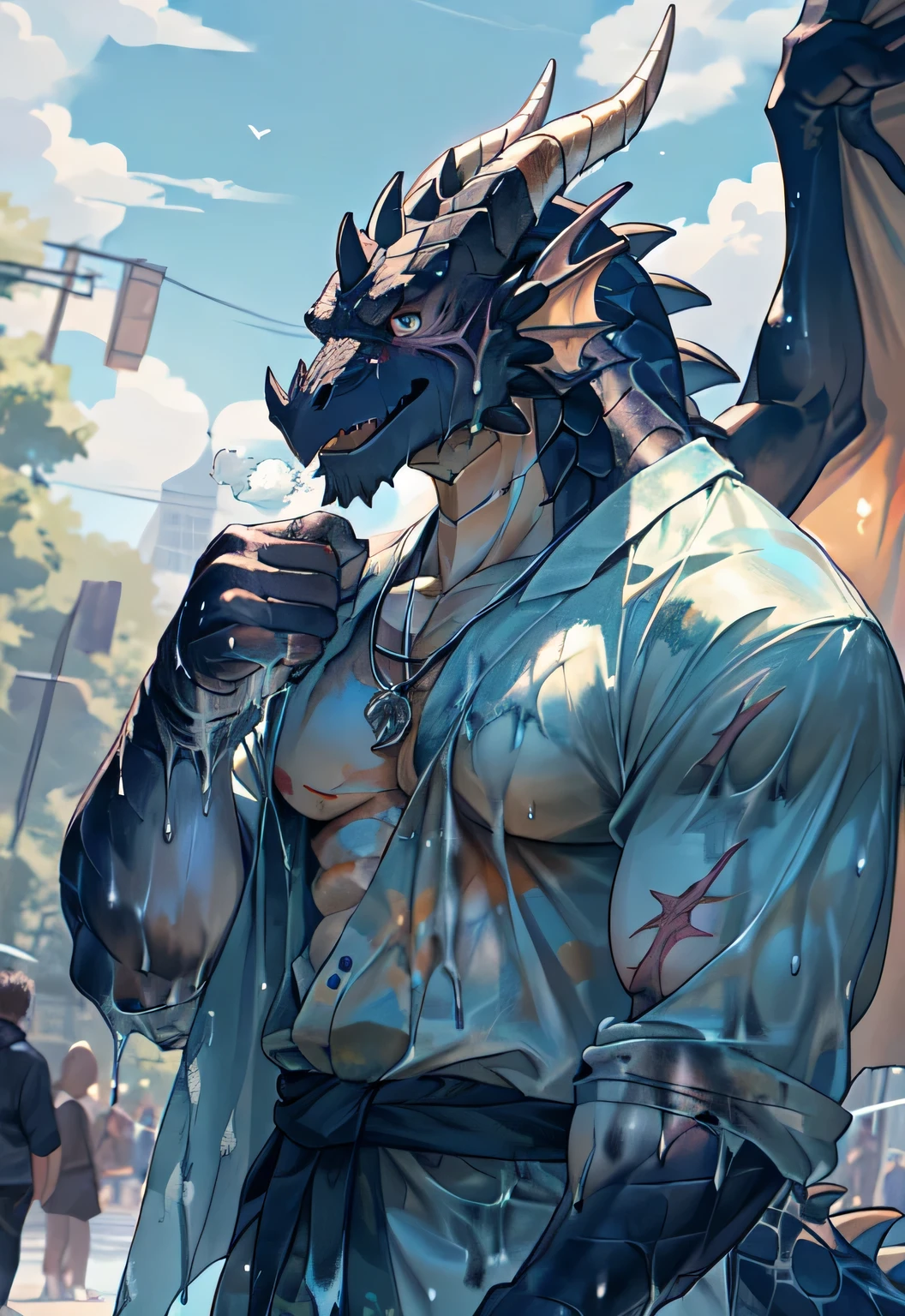 (black dragon),black fur, two colors, There are scars on the face, Wearing sunglasses on head,The necklace hangs around the neck,(muscle发达的身体:1.3), There are scars on the face, strongly,Handsome, OK,(There are scars on the face), (In the park),(Express),(Blue sky and white clouds),(There are scars on the face:1.2),look at screen,(dragon horn),(Dragon tail),perfect masterpiece,(16K),casual wear装,casual wear,fully clothed,alone,((Strong)),(双hand抱胸),(dick:1.2),Perfect proportion,front,双hand抱胸,smile,(双hand抱胸:1.5),(hand:1.3),(Open your mouth slightly and breathe.:1.2),(imagine:1.5),(All my clothes are soaked through:1.8),Strong,muscle,There are dragon wings,bi-winged,more details,CG
