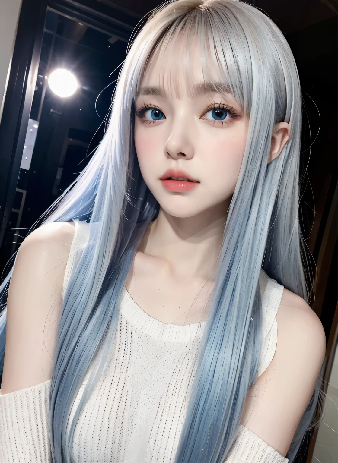 glossy white skin,、very beautiful western white girl、Nice and cute and looks good、Gorgeous Platinum Blonde、super long straight hair、Large clear light blue eyes、-yeld cubeautiful girl with swaying long bangs、