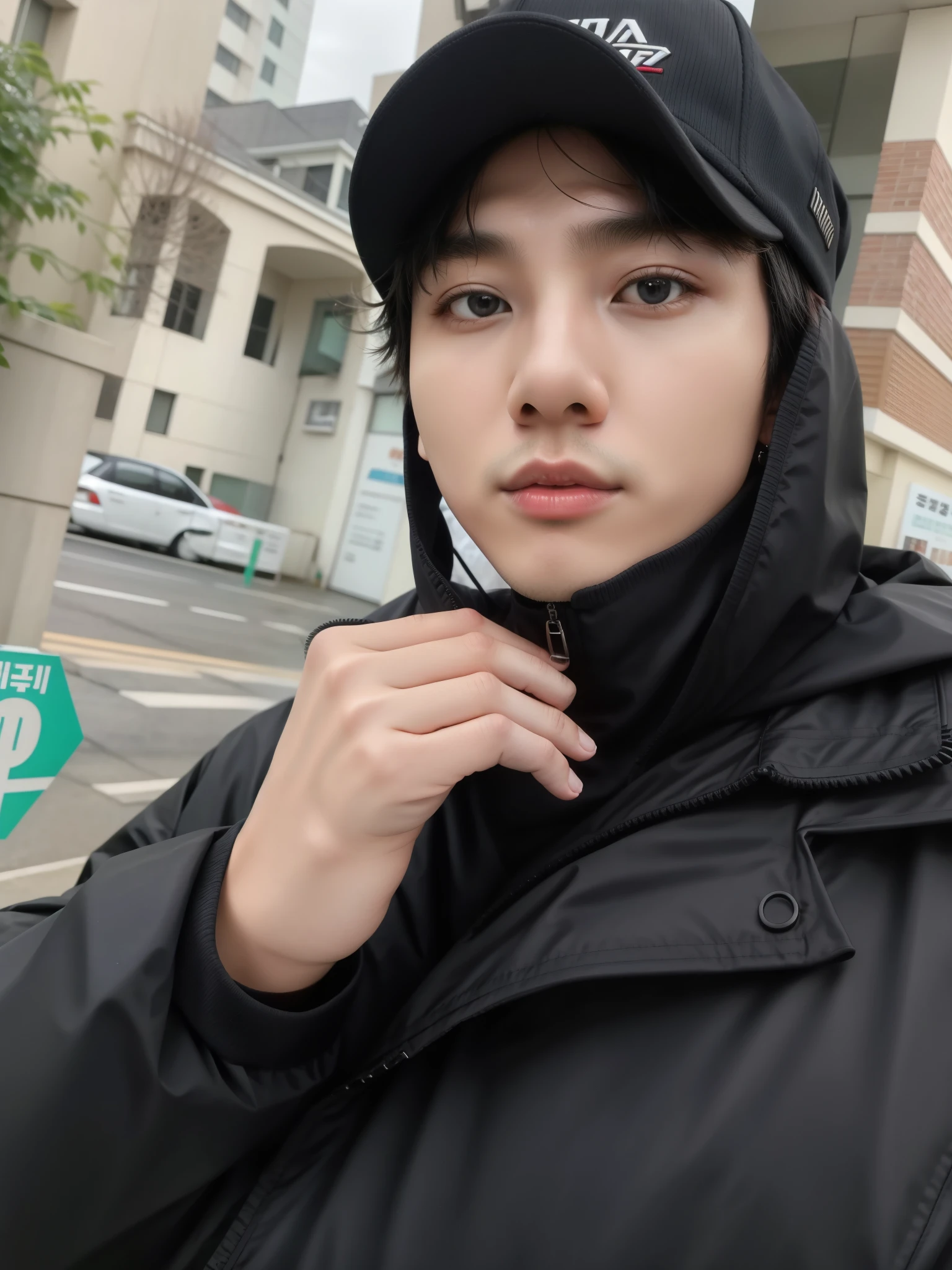 there is a man wearing a black jacket and a black hat, homem sul-coreano, taken at the beginning of 2020, Hong junho hyung, 27 anos de idade, 29 anos, 28 anos de idade, sangsoo jeong, 32 anos, hyung tae, foto do perfil 1024px, brilhante da chuva, Seseon Yoon