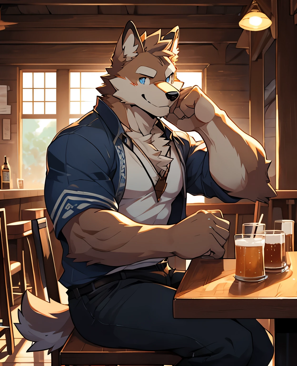 Drinking in the pub,(dog), Humanity,5 fingers, water blue eyes, Shabby white clothes, Shabby black pants,male,Lovely, muscular,Skinny,Humanity, male, dog尾巴, Beautiful girls,Inside the tavern,, brown body,,Sitting and leaning against a big sword,alone, Shabby table,de尾巴ed background,By Ruhu1145,author:Arashi Takemoto,by empty ghost, cold atmosphere, open smile, soft blue blush
