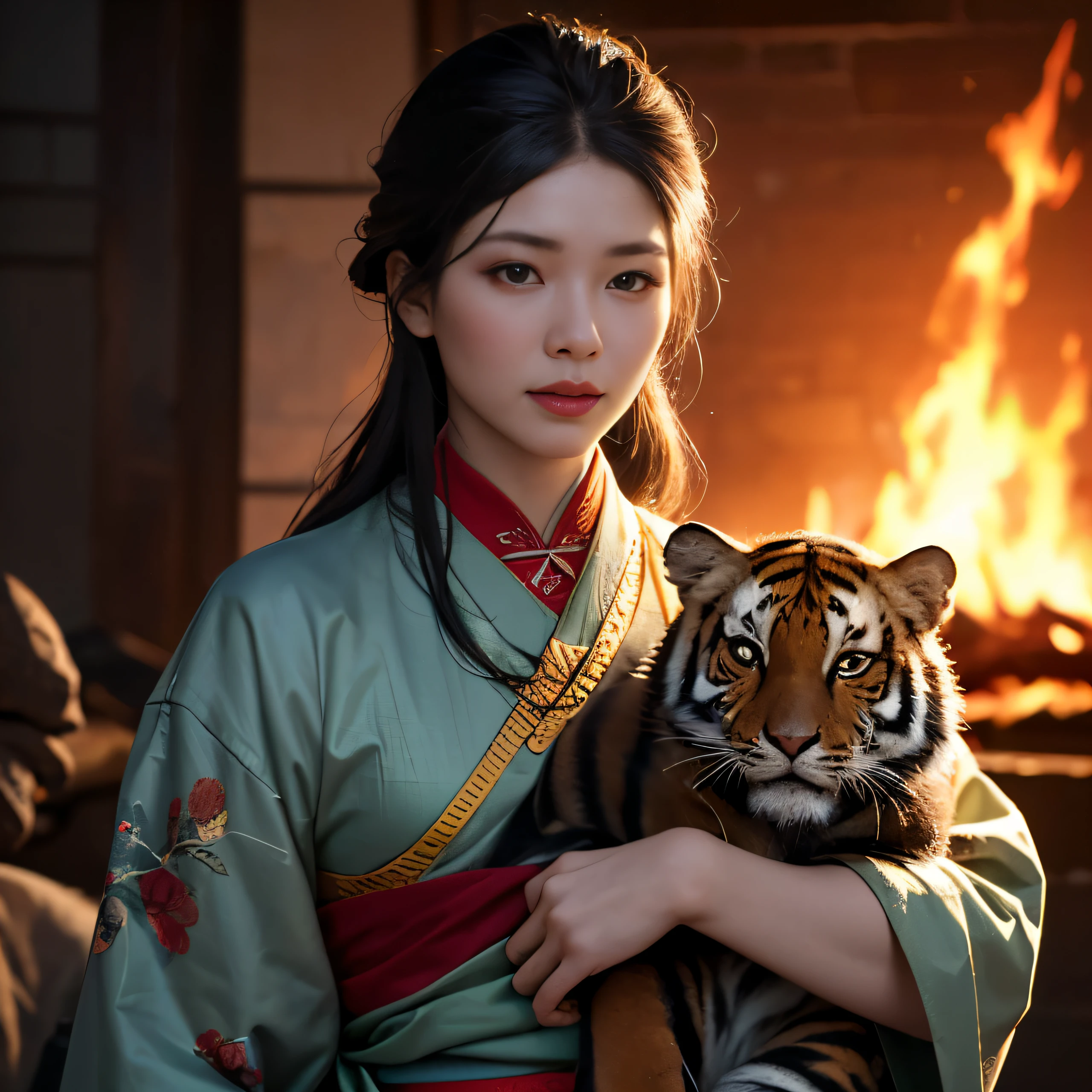 (highest quality,4k,8K,High resolution,masterpiece:1.2),Super detailed,(realistic,photorealistic,photo-realistic:1.37),A small and powerful female monkey monster。,Strong-willed,adventurous, wearing ancient Chinese costumes,He wears a tiger skin around his waist.,I encountered a volcanic eruption while traveling from China to India.、caught in a forest fire, the flames engulfing her,A body engulfed in intense flames with no escape,