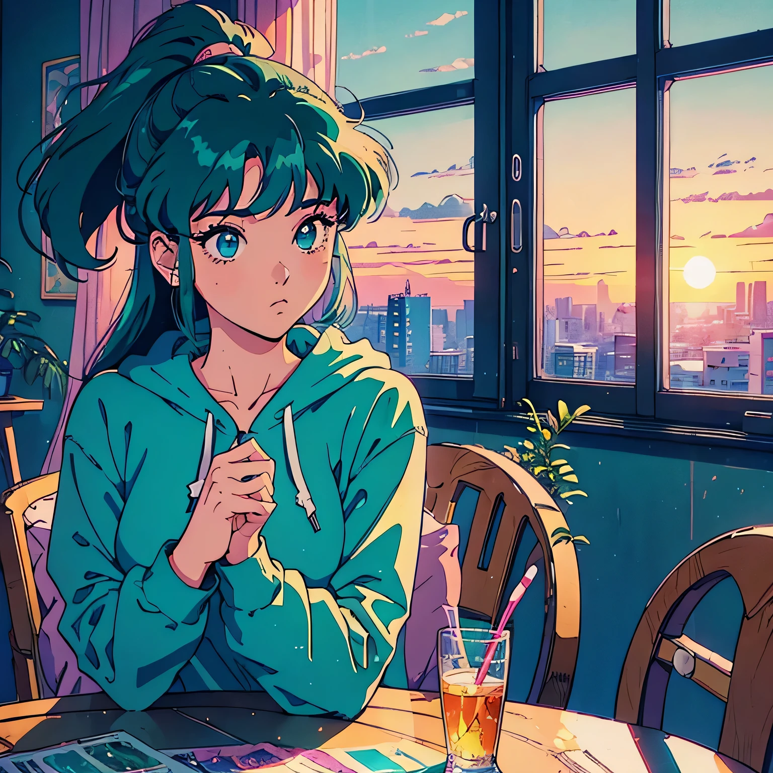 ((Vaporwave Style, partially colored)), (((vanilla))), cinematic angle, retro anime, 1990s anime, 1980s anime, retro anime,retro anime style,masterpiece, highest quality, 1 girll, alone, blue eyes, dark green hair,ponytail, Big white hoodie,closed mouth,room background, Old School Anime, beautiful anime,(ultra-detailed background, detailed background), High resolution, Super detailed, very detailed, 1 girl, (table top:1.5, highest quality:1.5),, have a mobile phone, decadent life, sunset outside the window, Street outside the window, sunset outside the window, Music album covers, have a mobile phoneこと, look forward to, have a mobile phone, I looked at the mobile phone in my hand., 私n a large room, arte lofi, anime art wallpaper 4k, anime art wallpaper 4k, avert your eyes, look down