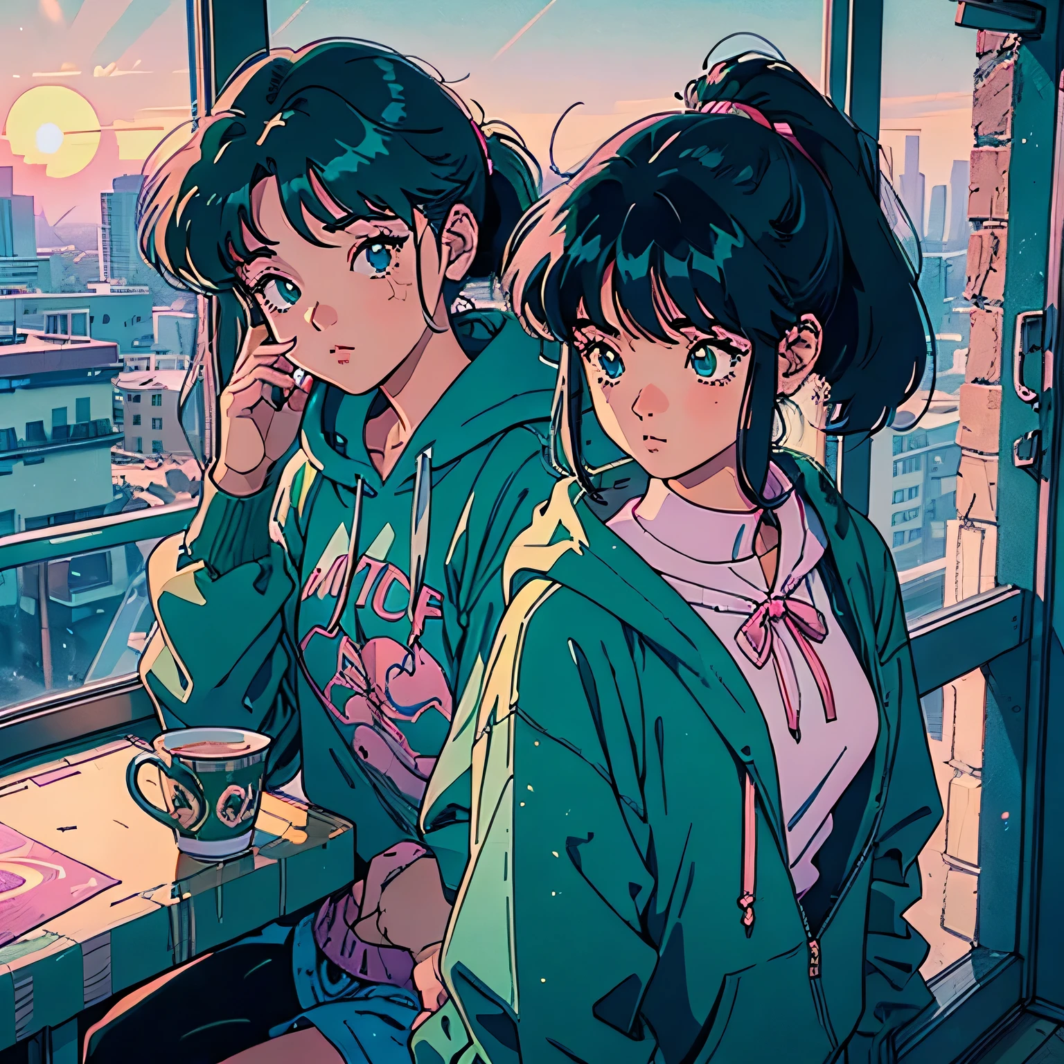 ((Vaporwave Style, partially colored)), (((vanilla))), cinematic angle, retro anime, 1990s anime, 1980s anime, retro anime,retro anime style,masterpiece, highest quality, 1 girll, alone, blue eyes, dark green hair,ponytail, Big white hoodie,closed mouth,room background, Old School Anime, beautiful anime,(ultra-detailed background, detailed background), High resolution, Super detailed, very detailed, 1 girl, (table top:1.5, highest quality:1.5),, have a mobile phone, decadent life, sunset outside the window, Street outside the window, sunset outside the window, Music album covers, have a mobile phoneこと, look forward to, have a mobile phone, I looked at the mobile phone in my hand., 私n a large room, arte lofi, anime art wallpaper 4k, anime art wallpaper 4k, avert your eyes, look down