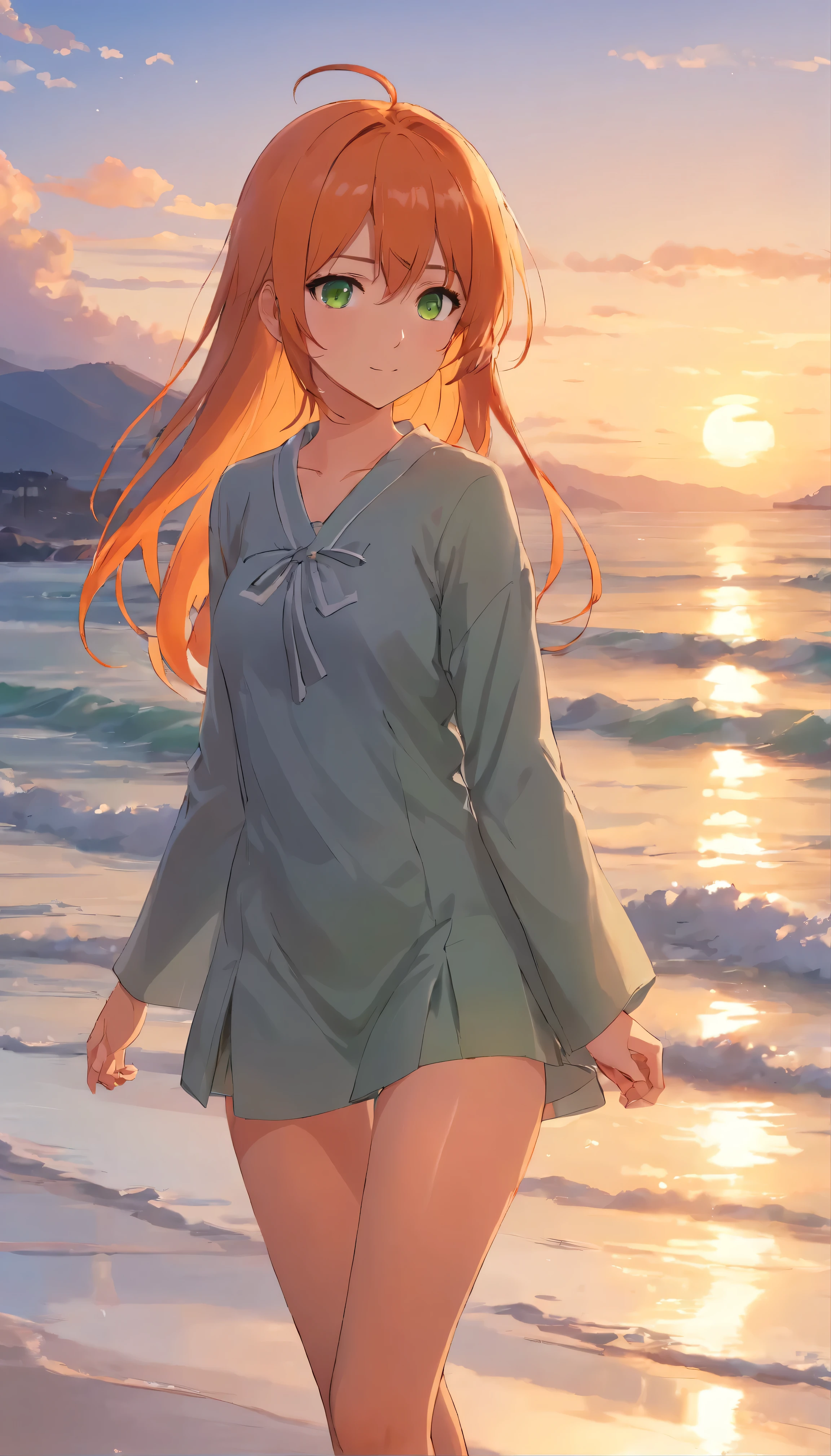 Anime girl with long orange hair, standing on the beach near the ocean, green eyes detailed digital anime art, anime girl with long hair, гладкое аниме cg art, anime girl with long hair, digital anime art, work in Guweiz style, Beautiful anime portrait, Photorealistic render of an anime girl, pantyhose, Beautiful anime girl, advanced digital anime art, guweiz на artstation pixiv HD UHD HQ