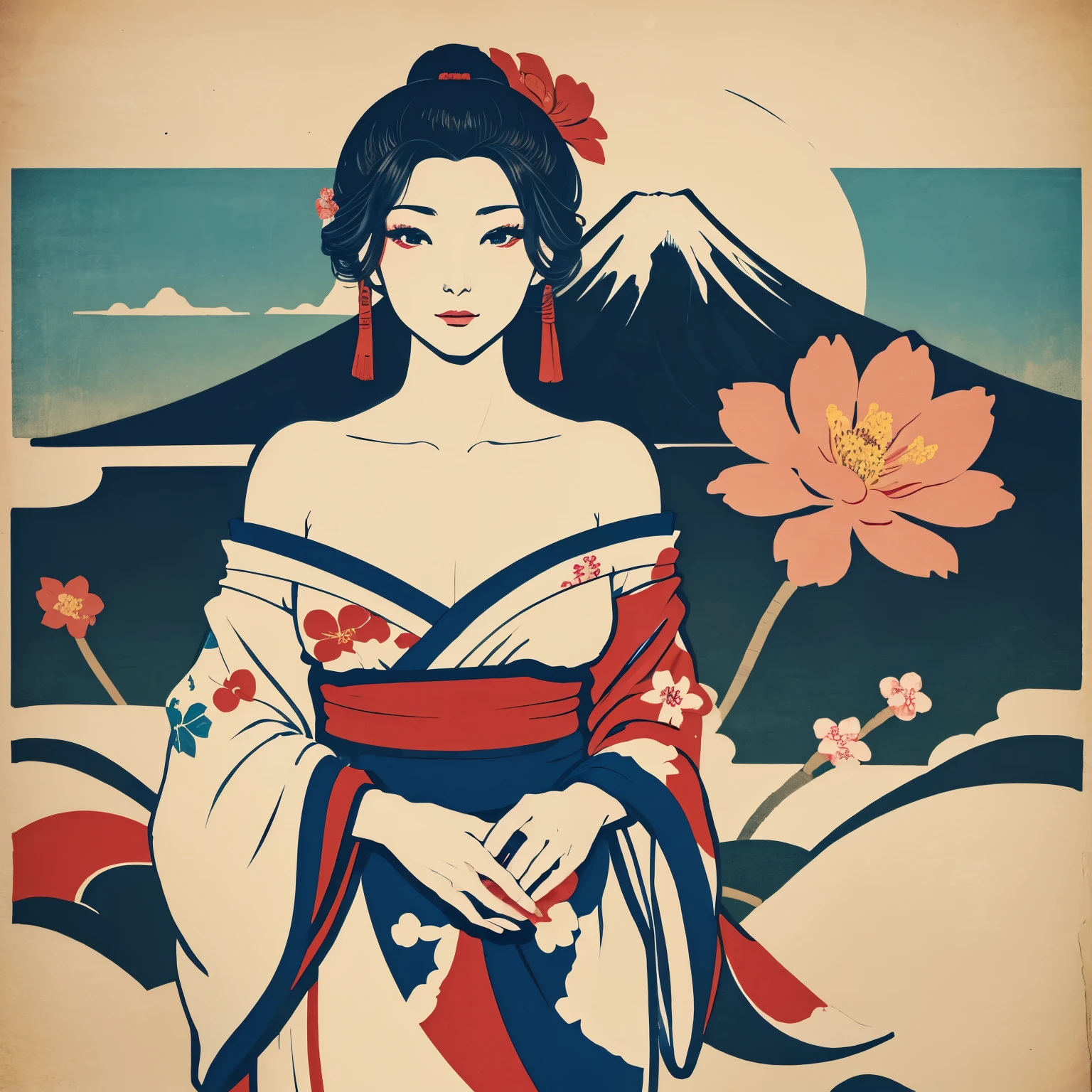 Art vintage japonais, Conception de t-shirts, art vectoriel, plat d&#39;art:1,4. \\ (japonaise, en kimono, best quality, Art officiel, Beaucoup de couleurs, couleurs du japon, ukiyo-e, le mont fuji, fleurs de cerisier, bare shoulders, belles formes,: 1.2)