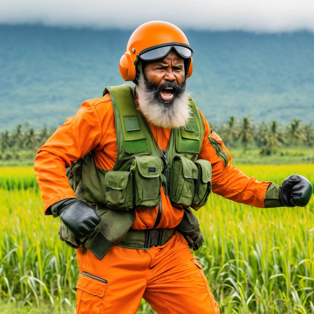 a dark-skinned fat bearded old men in orange pilot suit punching with right hand in a field, wearing green army helmet on his head, wearing army boots, Bruce Onobrakpeya, sumatraism, stanley artgermm, masculine, full round face, a stock photo, very angry
