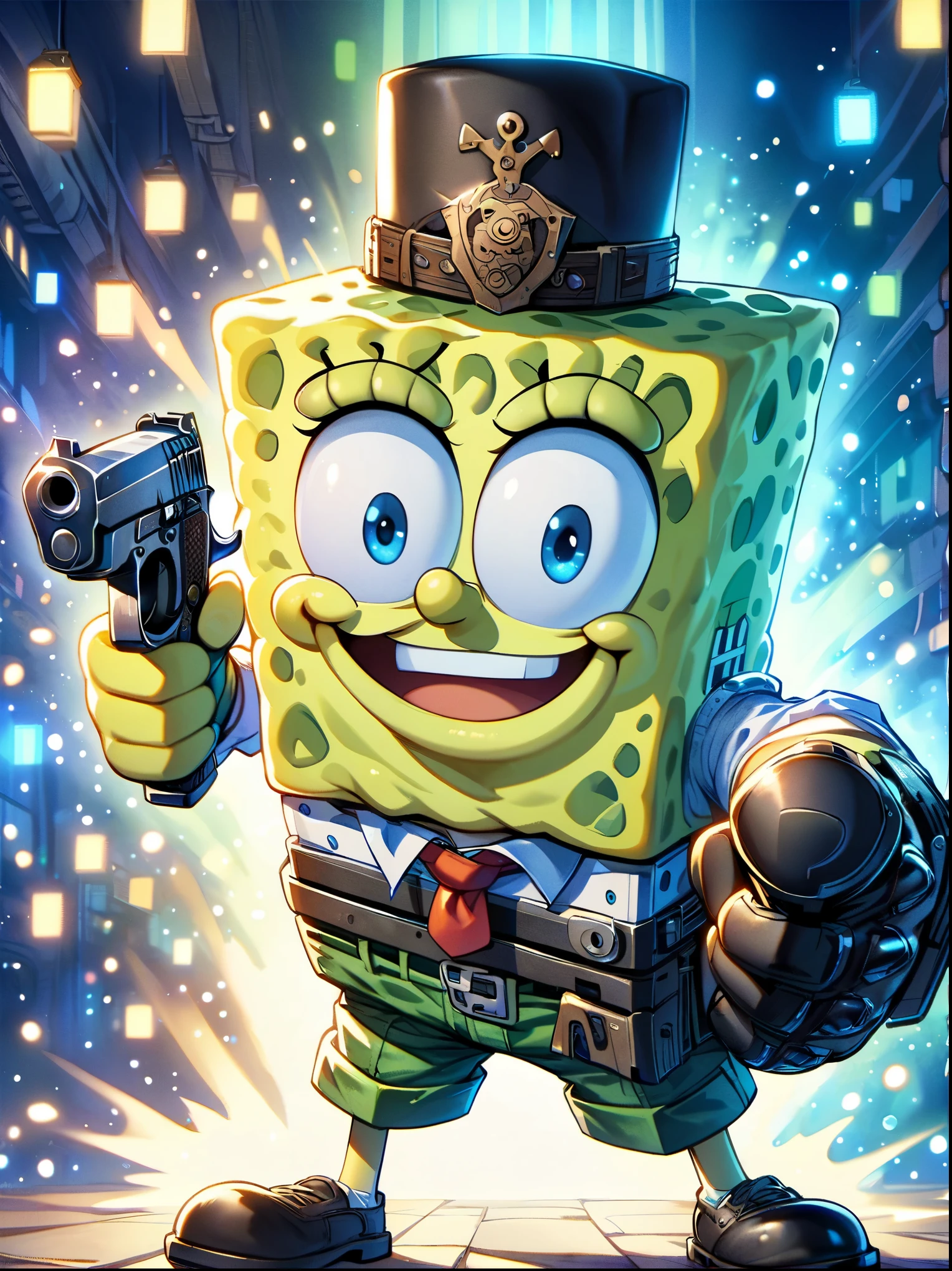 A SpongeBob SquarePants,With both hands pointing a Desert Eagle pistol at you,The scene is illuminated by blue lights