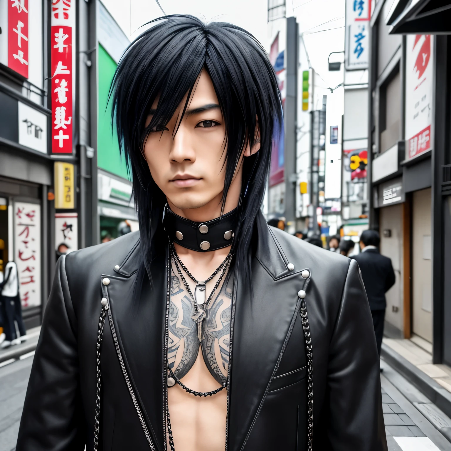 1 Mann, japanischer Mann, masculine, muscular, visual kei Haare, Haarschnitt visual kei, schwarz, Tattoos, piercings, asiatische Augen, Augen asiatisch, Ultra detailed face and body, Hyperrealistisch, stands on the street in Tokyo Japan, japanisches Gesicht, 30 Jahre alt, Alter 30 Jahre, breite Schultern, breite Schultern, langes Haar, Haare lang, visual kei Style, visual kei, 1 man, Japanese man, male, muscular, visual kei hair, haircut visual kei, black, tattoos, piercings, Asian eyes, Asian eyes, Ultra detailed face and body, Hyperrealistic, standing on the street in Tokyo Japan, Japanese face, 30 years old, age 30 years, broad shoulders, broad shoulders, long hair, hair long, visual kei style, visual kei
