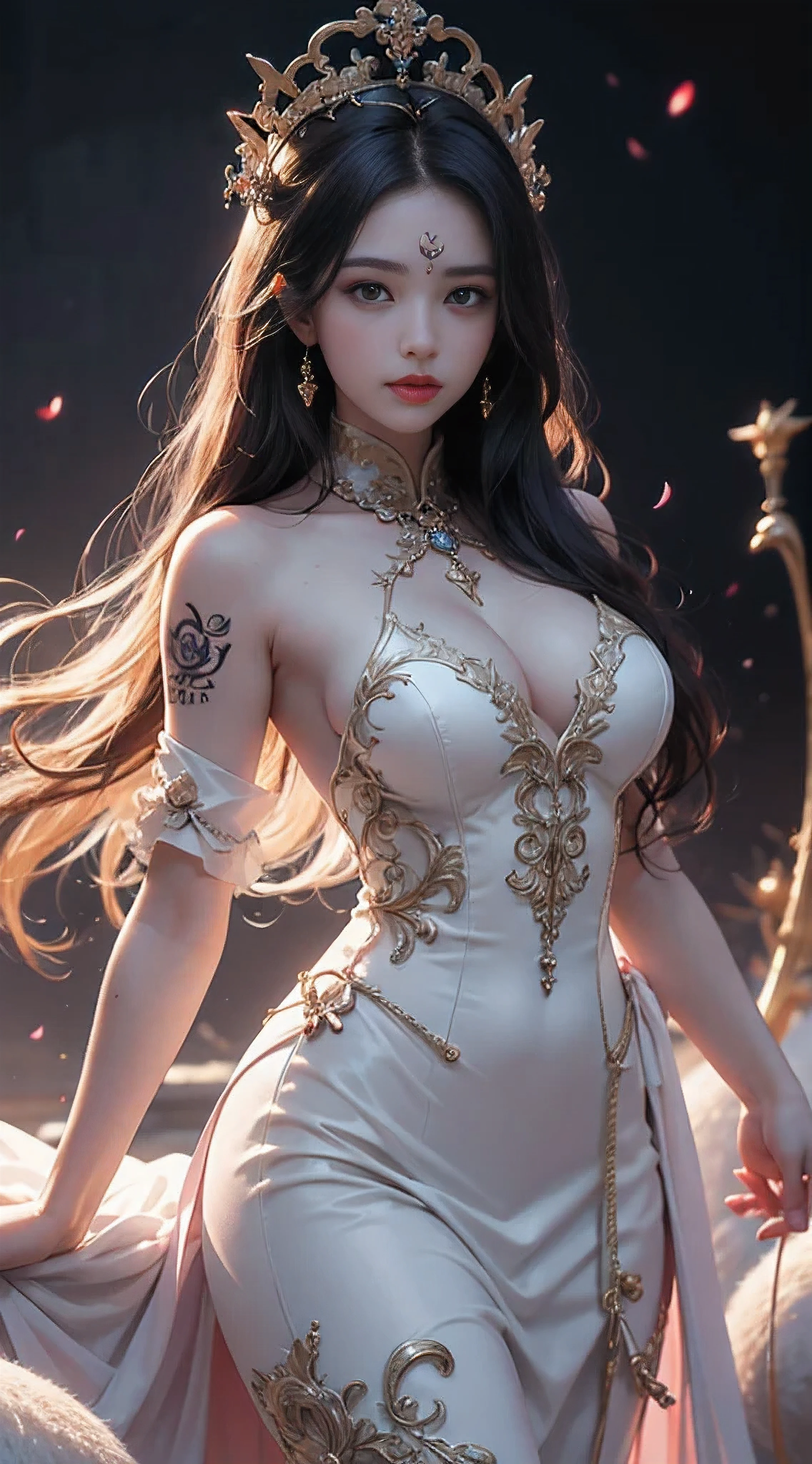 Portrait of a milf saint of 28 years old, Saint with a beautiful and super cute face,Wearing a very thin and sexy korean women, Beautiful cute face, There is a deep slit in the chest、Black and white lace trim attractive Ao Dai, Beautiful face without blemish, Lovely smile, ((7 colors of hair length:1.2)), Big Crown, Hair brooch, Hamf Dress, Chinese ancient style, Full Body Jewelry, Tattoo on the forehead, The breasts of the female saint are round、It's so full, Breast augmentation surgery, Innocent face, The most beautiful and detailed pale red lipstick, ((thin plump lips:0.3)), Delicate pink and white eyes (White and detailed) Cinematic, Light and Darkness, Dramatic Lighting, magical light, Highly detailed light, True Color, Super sharp, Realistic, The 8k quality, Fantasy universe background, Saints and magical spaces, The most detailed image, Solo, saints, ((See the saint's upper body directly:0.4)), ((Smooth skin:0.5)),