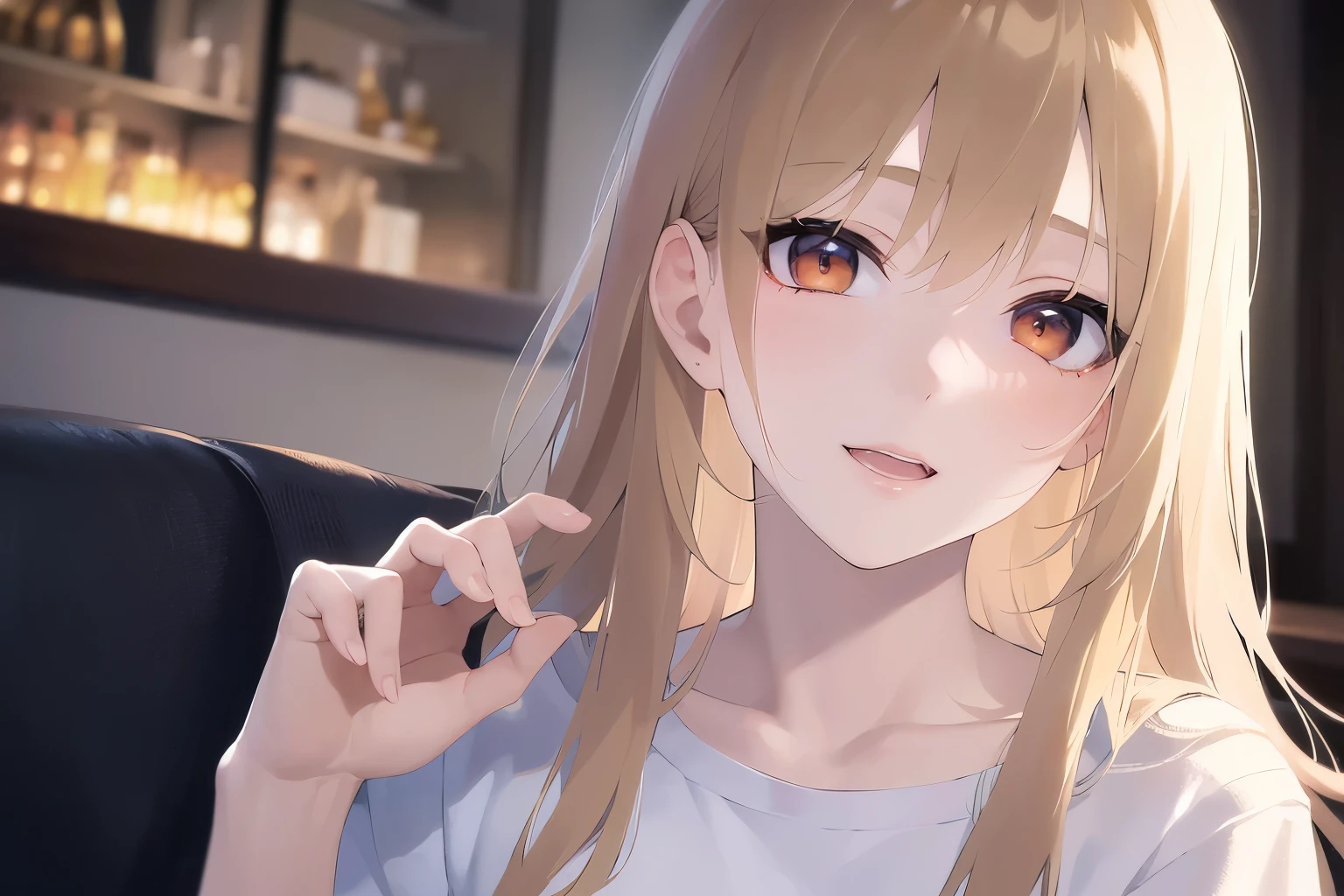 night, dark, waving hand, Upper Body, Realistic, real person, (pale skin: 1.2), RAW photo, photorealistic, portrait photography, shiny skin, japanese idol、shiny hair、(25 year old woman with medium hair with blonde bangs) and (wavy hair) and (orange eyes) , smile, open mouth, wearing a plain white T-shirt、The background is the living room、Alone、sitting at the dining table、