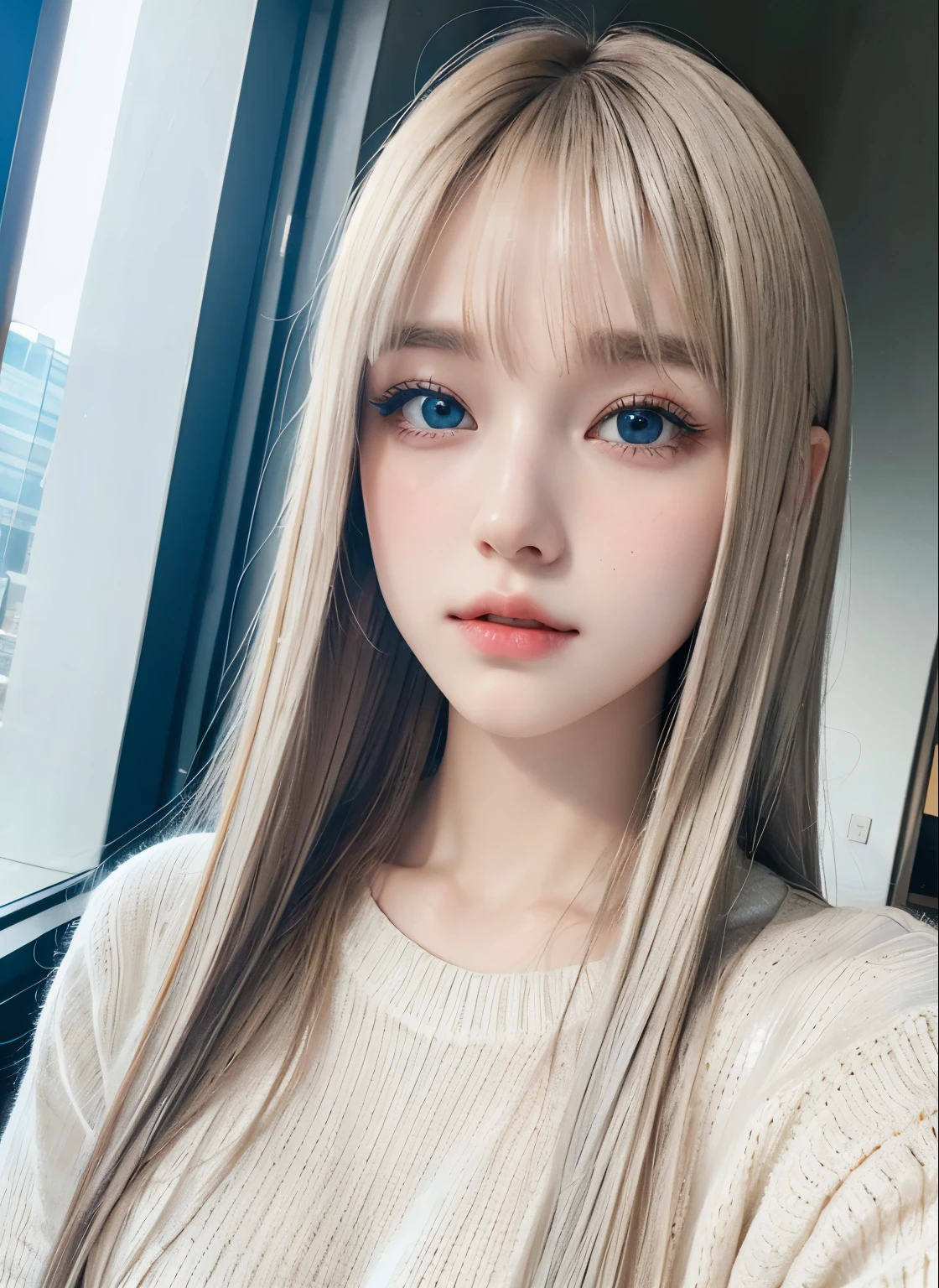 glossy white skin,、very beautiful western white girl、Nice and cute and looks good、Gorgeous Platinum Blonde、super long straight hair、Large clear light blue eyes、17-year-old cute beautiful girl with swaying long bangs、