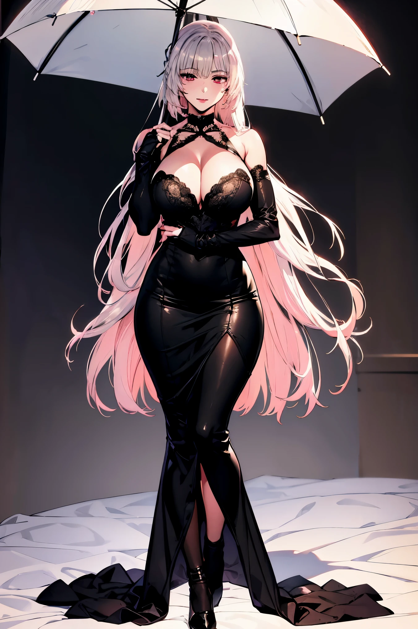 SFW, Masterpiece, best quality, very detailed, 1girl, solo, ((full body, whole body present)), extremely detailed face,smug face, white haired, detailed eyes, (red eyes), (big breasts),mature, extremely detailed hands, standing, (standing still), black halter long dress,Full body dress, black lingerie stockings, fantasy, no background, empty background,closed clothing, clothed tights, covered body, umbrella , glowing hair tips