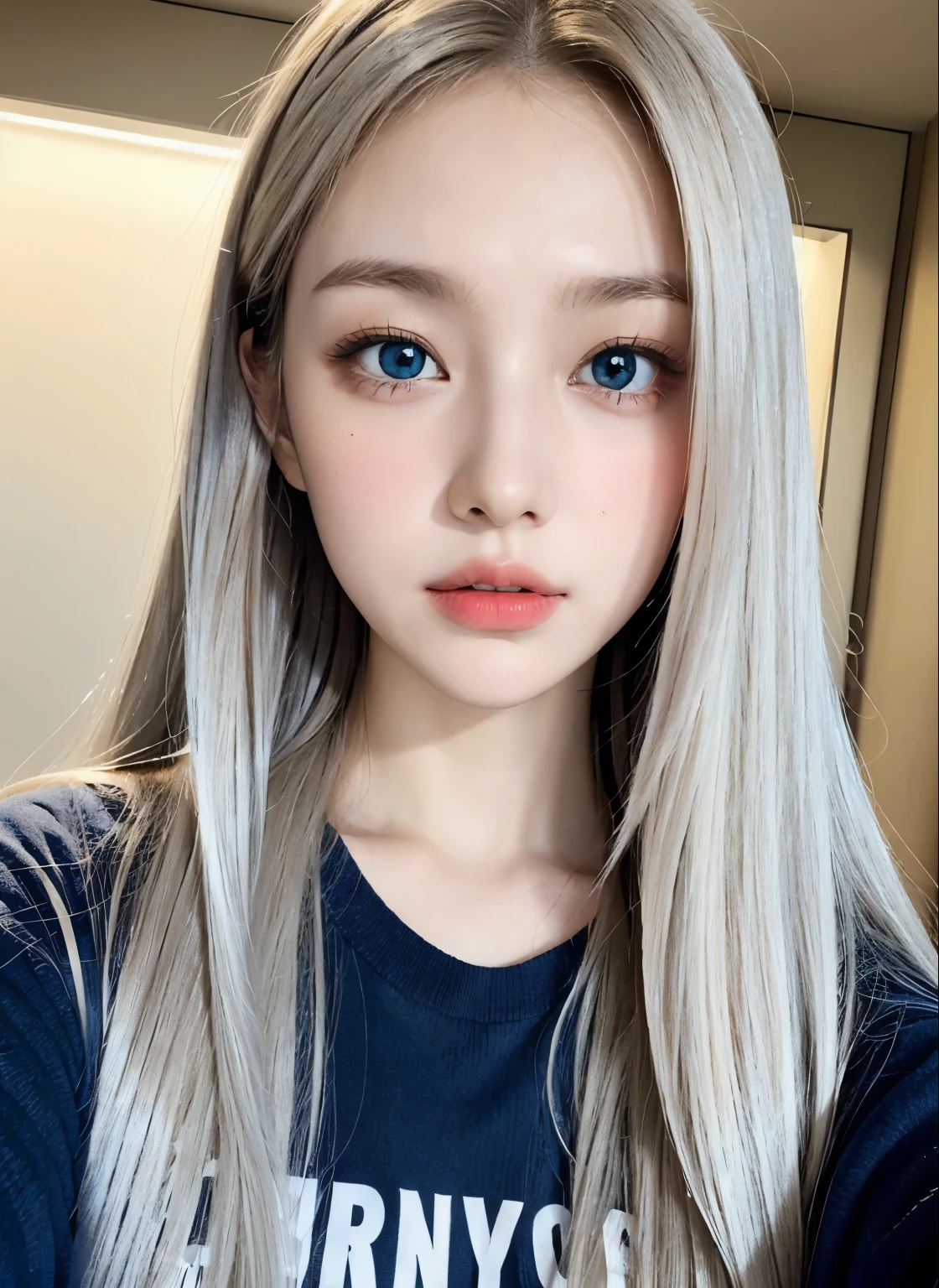 glossy white skin,、very beautiful western white girl、Nice and cute and looks good、Gorgeous Platinum Blonde、super long straight hair、Large clear light blue eyes、-yeld cubeautiful girl with swaying long bangs、