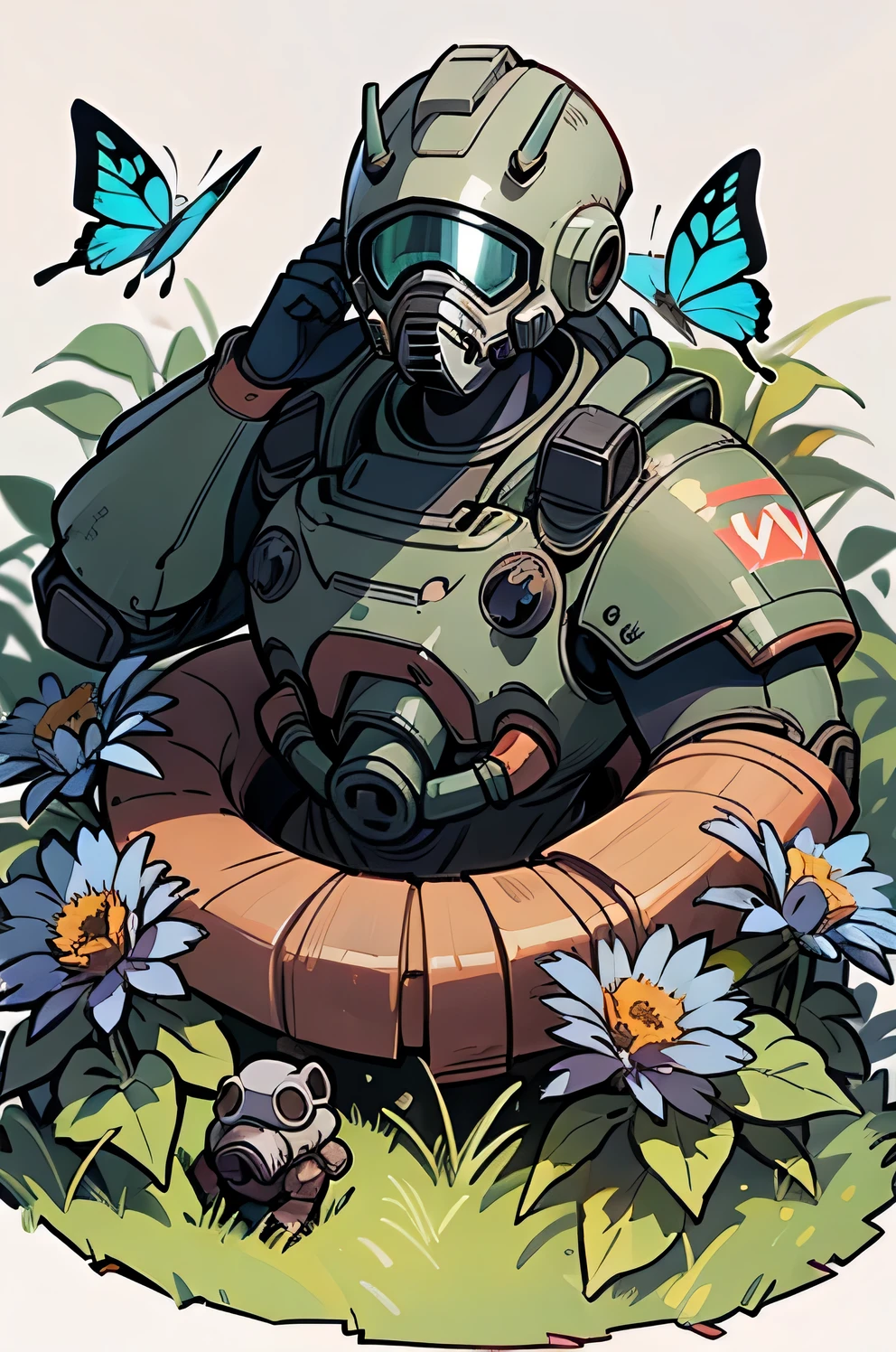 High resolution, high quality, masterpiece. Brotherhood of Steel Power Armor Mask from "fall out, " Rusted, Blindfold is broken., Embedded in tall grass, almost hidden in the grass, Overgrown with bindweed. Cornflowers grow out of holes. butterflies and flies. Tangled in bindweed, Cornflowers sprout from the hole, text "game over" float on top, super detailed, 32k resolution, number, Ultra-fine details.