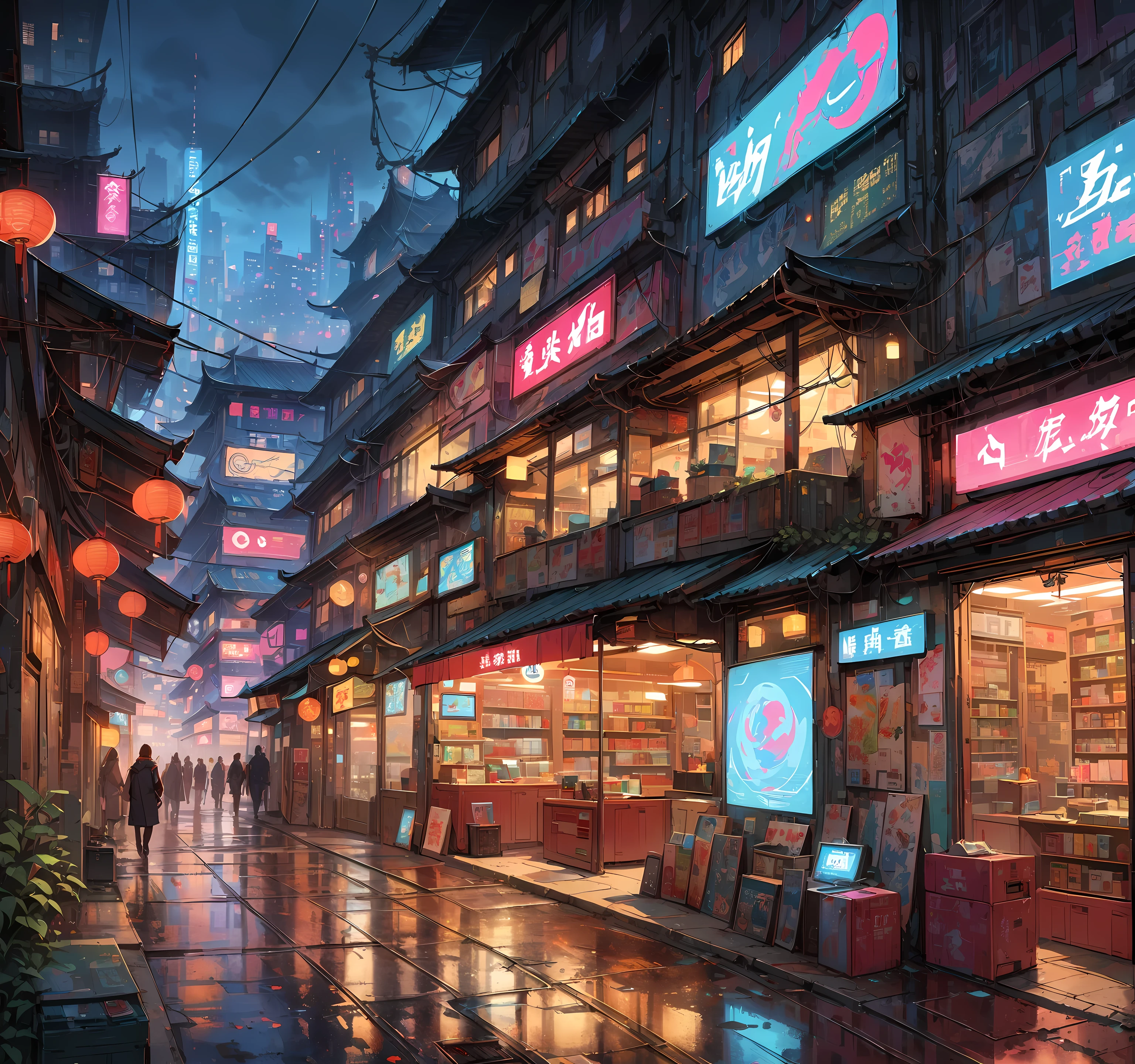 Cyberpunk cities in science fiction movies, empty streets, night, Chinese Architecture, old store, irregular, circuit board, electric wire, complicated, super detailed, actual, hyper actual, high quality, the best, super detailed, Crazy details, Very detailed, Photoactual, epic work, the best质量, 32k --v 6