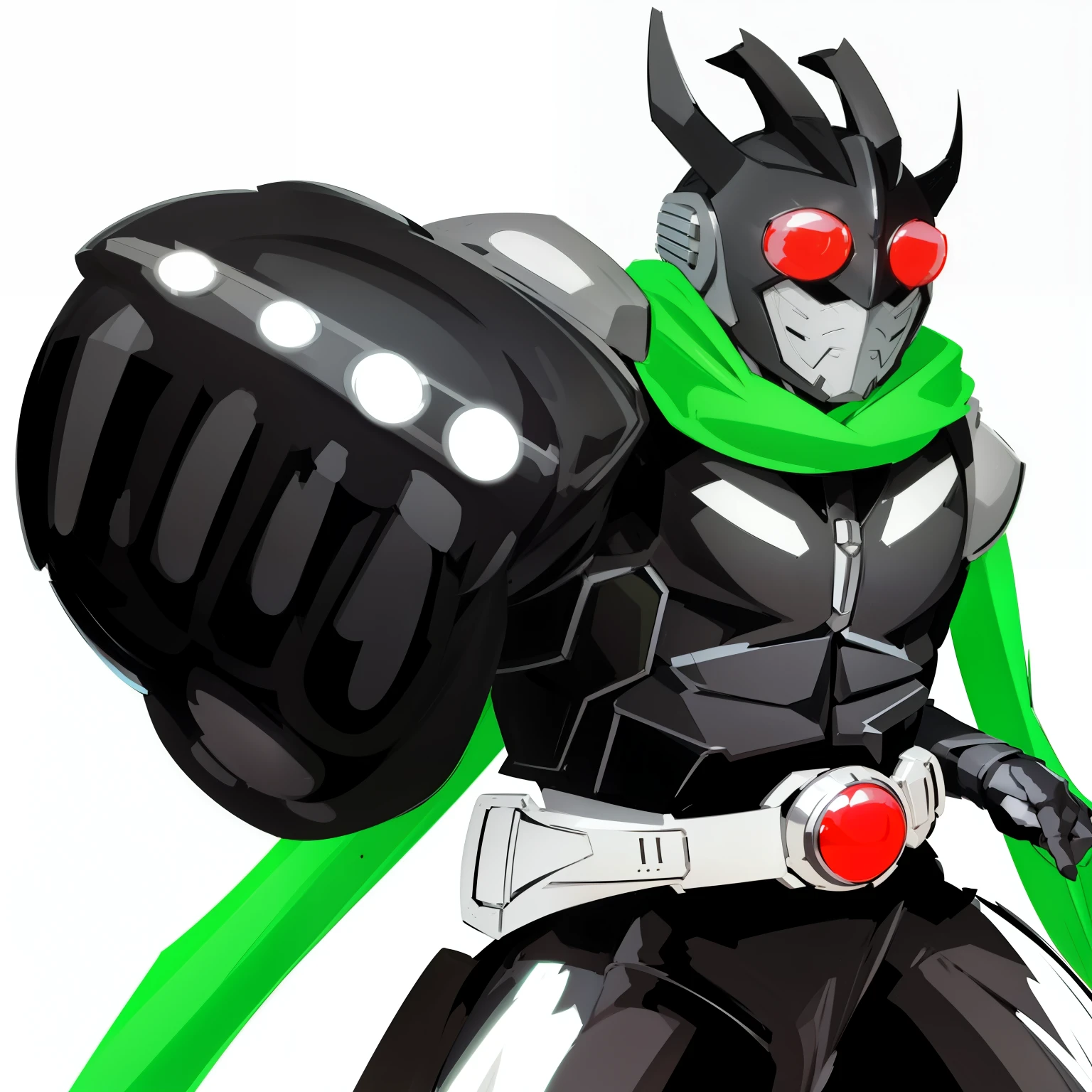 a cartoon image of a man with a green cape and a black and white outfit, kamen rider character, kamen rider, high fantasy kamen rider, kamen rider action pose, cell shaded!!!, scarab reploid, humanoid form, inspired by Awataguchi Takamitsu, villain pose, clean cel shaded, guyver style, trigger anime artstyle