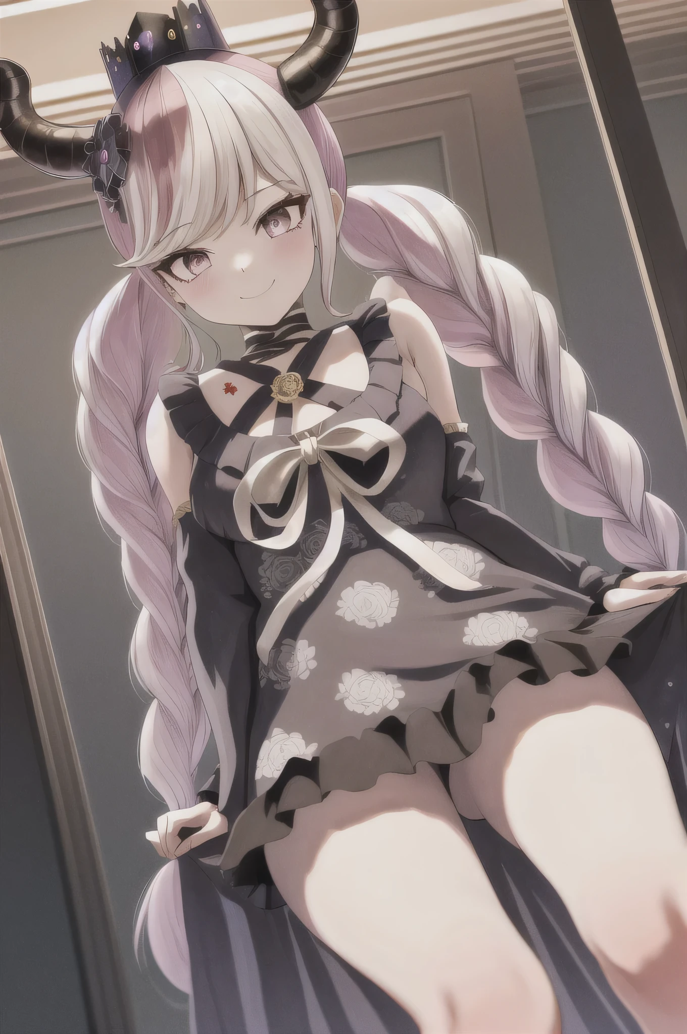 masterpiece, best quality, highres, 1girl twintails twin braids hair ornament demon horns crown china very short drees, smile, open legs, very sexy, random angle, firm breasts, escote muy amplio , ropa desabrochada