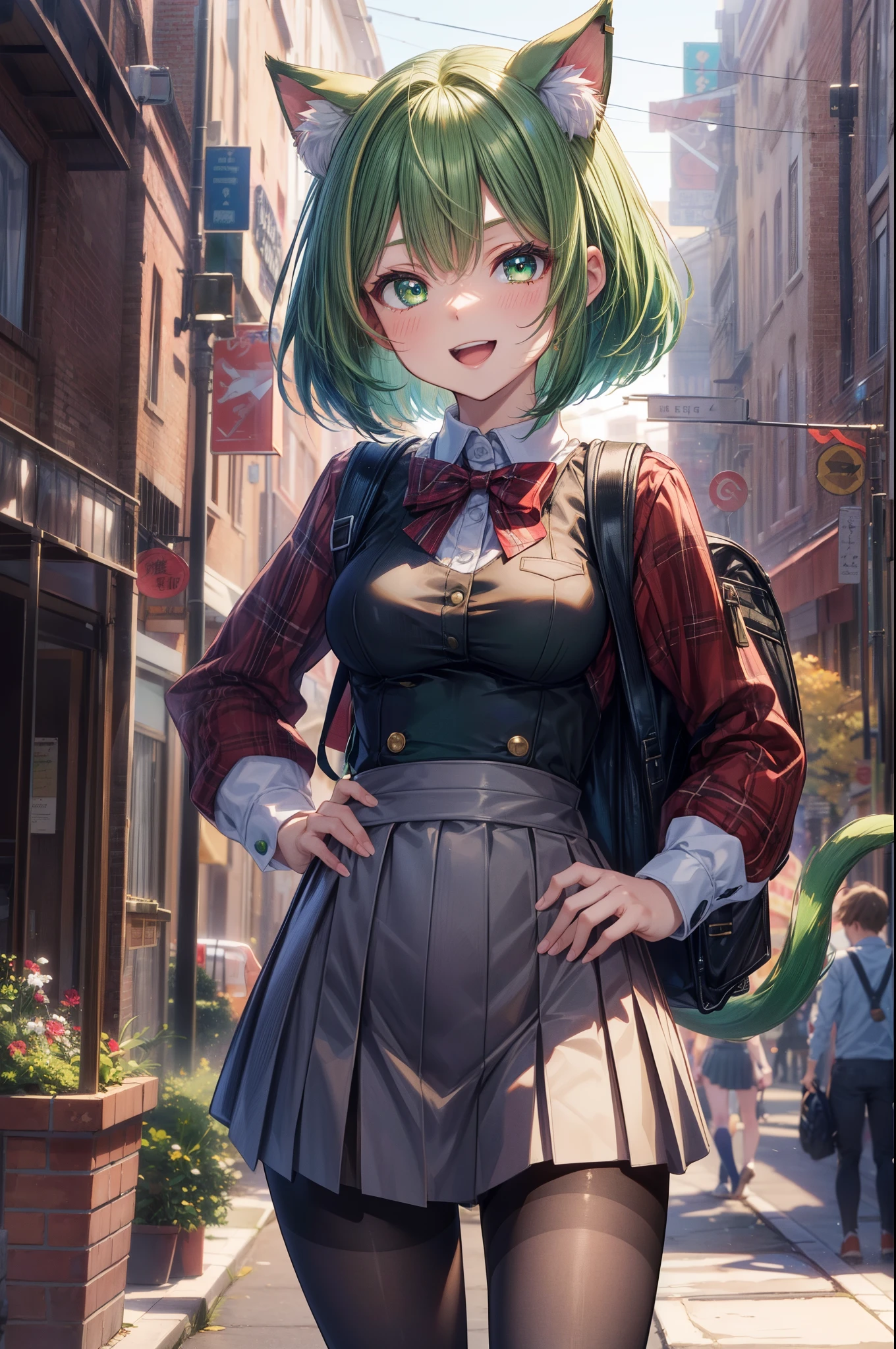 ((black pantyhose)), anime catgirl, ((deltamon)), (carrying a backpack a brown), (thin cat tail a green), break, short hair, ((green hair1.5)), (cat ears a green), bob cut, 4 defined fingers, 1 defined thumb, (looking at viewer), break, sexy, ((solo)), (1 woman), ((25 years old)), ((highest quality)), ((masterpiece)), (familiar),  skindentation, perfect face, 8k , (cowboy shot), break,metallic costume, break, blue eye, beautiful princess, smile, (half open mouth), medium breasts, perfect limbs, standing,High school girl, (wearing a high school uniform), hand on hip, daytime,