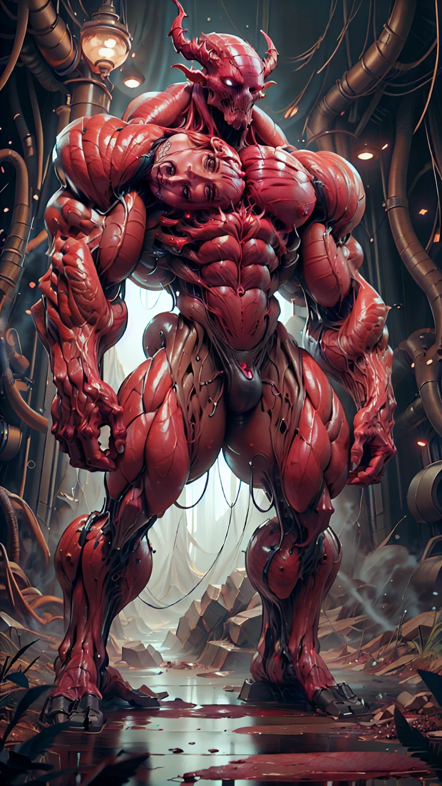 Cinematic, clear facial features and insanely detailed, the image captures the essence of (1 girl), (megan fox:1.25), (long red hair), (carnage skinless physique:1.25), (1 super muscular undead skinless succubus with gigantic horns:1.25), (covered in red necrotic rotting skinless muscle:1.25), (exposed muscles & veins everywhere:1.25), (perfect fingers:1.25) (full body pose:1.25). The color grading is beautifully done, enhancing the overall cinematic feel. Unreal Engine makes her appearance even more mesmerizing. With depth of field (DOF), every detail is focused and accentuated, drawing attention to her eyes and hair. Peak image resolution utilizing super-resolution technology ensures pixel perfection. Cinematic lighting enhances her aura, while anti-aliasing techniques like FXAA and TXAA keep the edges smooth and clean. Adding realism to the muscular bio-mecha succubus , RTX technology enables ray tracing. Additionally, SSAO (Screen Space Ambient Occlusion) gives depth and realism to the scene, the girl's presence even more convincing. In the post-processing and post-production stages, tone mapping enhances the colors, creating a captivating visual experience. The integration of CGI (Computer-Generated Imagery) and VFX (Visual Effects brings out her demonic features seamlessly . Icredible level of detail, with intricate elements meticulously crafted, the artwork hyper maximalist and hyper-realistic. Volumetric effects add depth and dimension, with unparalleled photorealism. 8k resolution rendering ensures super detailed visuals. The volumetric lighting adds a touch of magic, highlighting her beauty and aura in an otherworldly way. High Dynamic Range (HDR) tech makes the colors pop, adding richness to the overall composition. Ultimately, this artwork presents an unreal, yet stunningly real portrayal of an incredibly beautiful bio-mecha succubus girl. The sharp focus ensures that every feature is crisply defined, creating a captivating presence.