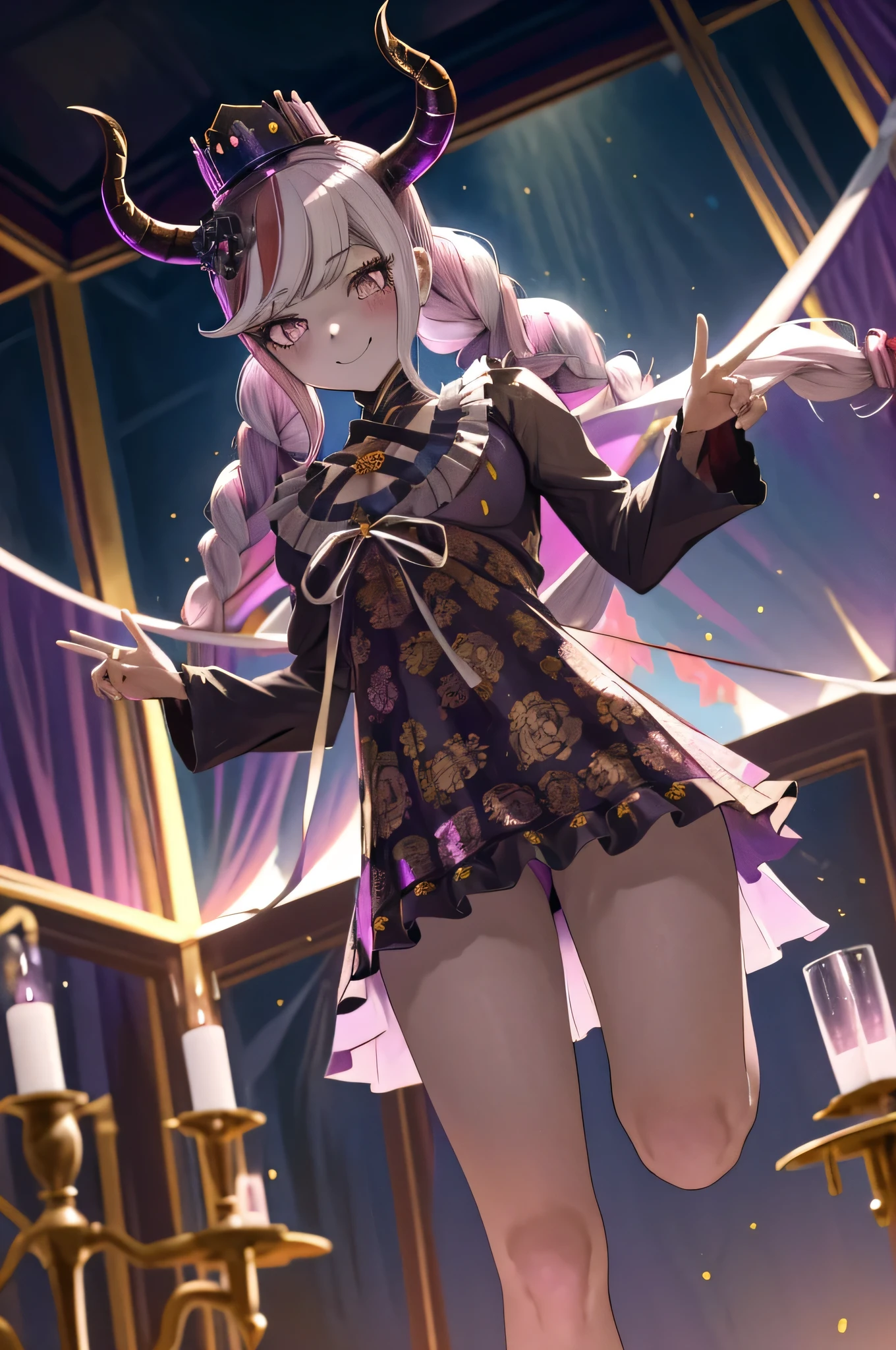 masterpiece, best quality, highres, 1girl twintails twin braids hair ornament demon horns crown china very short drees, smile, open legs, very sexy, random angle, firm breasts, escote muy amplio , ropa desabrochada, imagen sin censura, nsfw, very hot girl, es una puta!