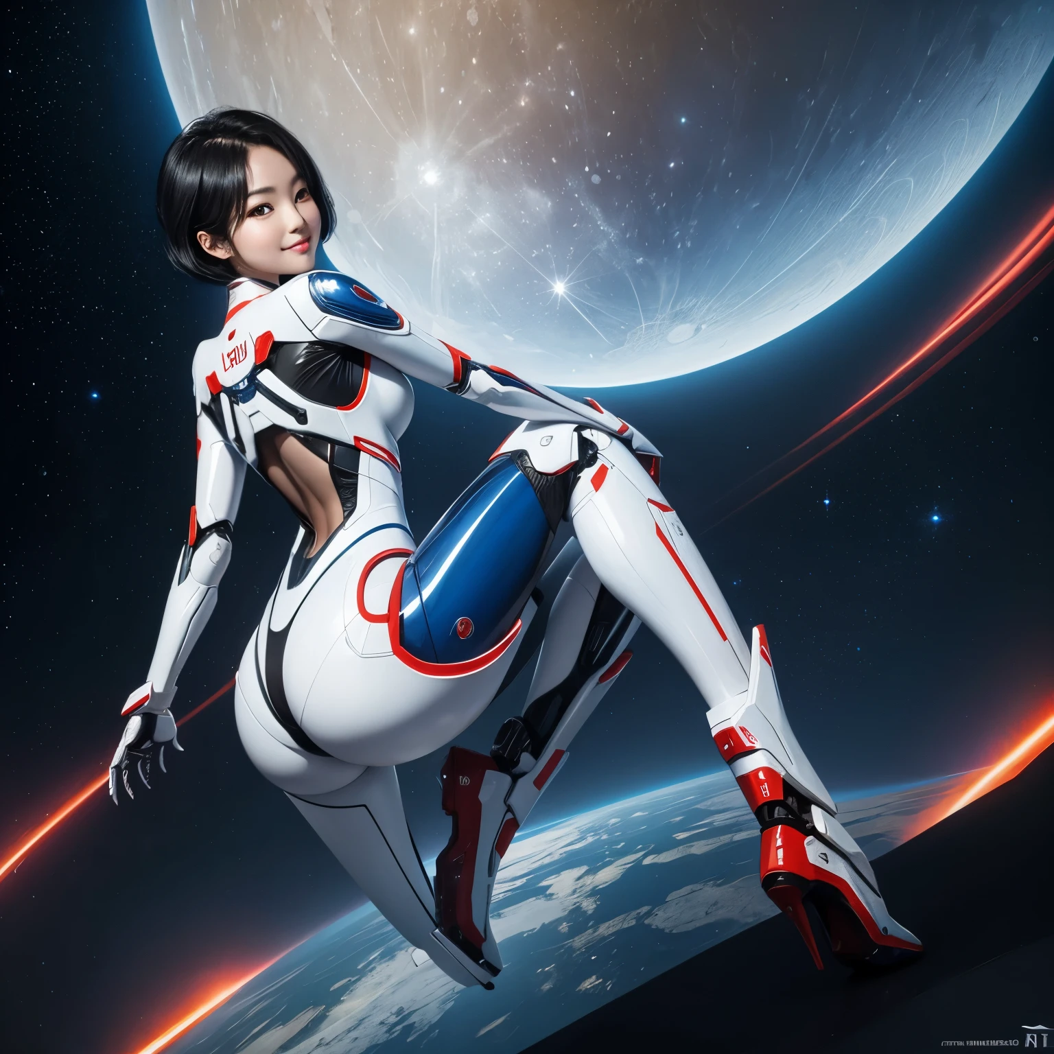 (Masterpiece) A beautiful korean girl, smile, short curvy black hair, long leg, supermodel, scifi, wear metal white-red robot suit, fly at stratosphere looking down to our blue earth. Full body angle, view from the back, the blue moon is far away in the background. High detail